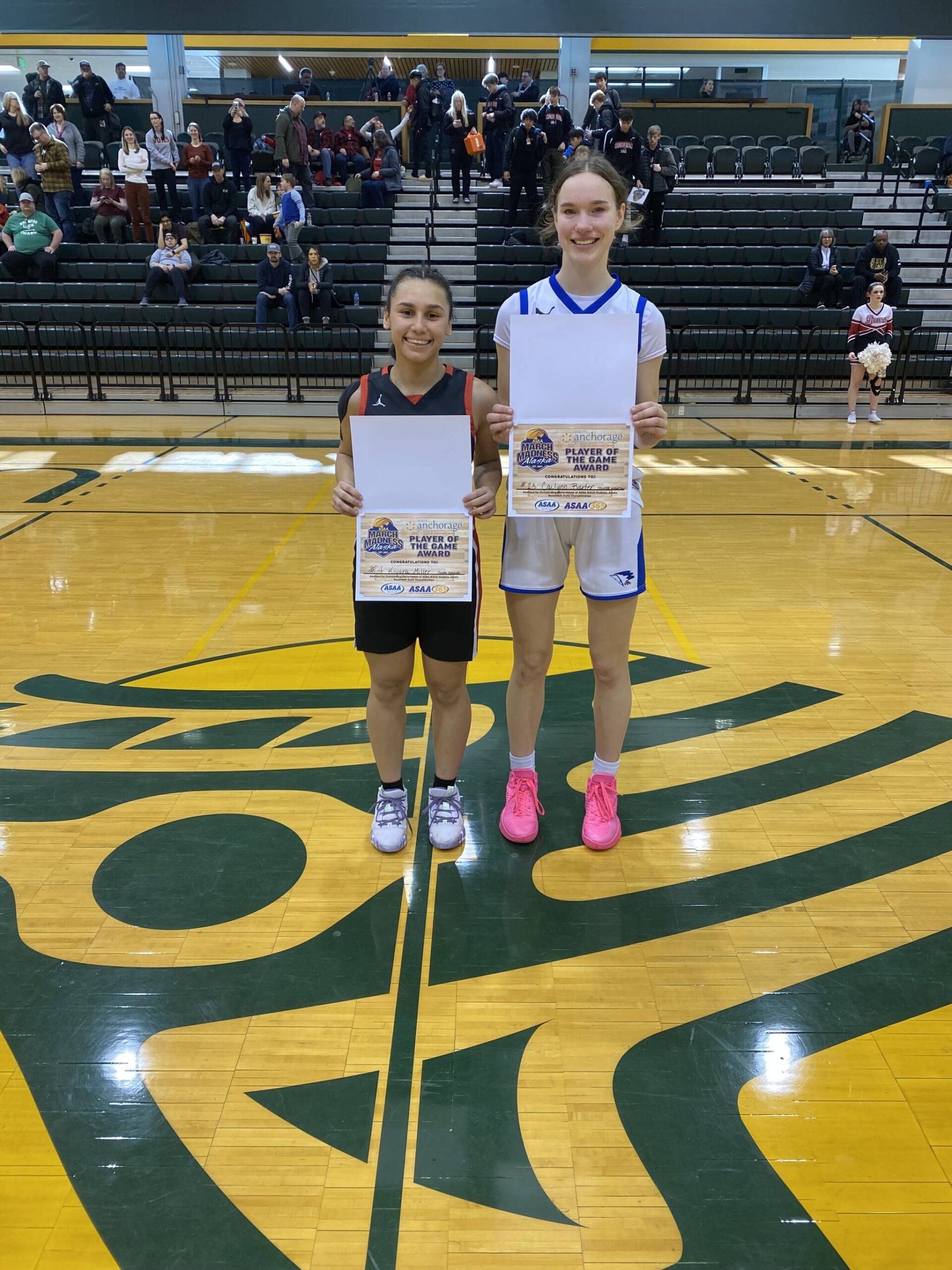 JDHS Kiyara Miller and TMHS Cailynn Baxter stand together for a photo after earning Player of the Game honors for their schools on Saturday after this year’s ASAA state competition in Anchorage. (Courtesy Photo / Tanya Nizich)