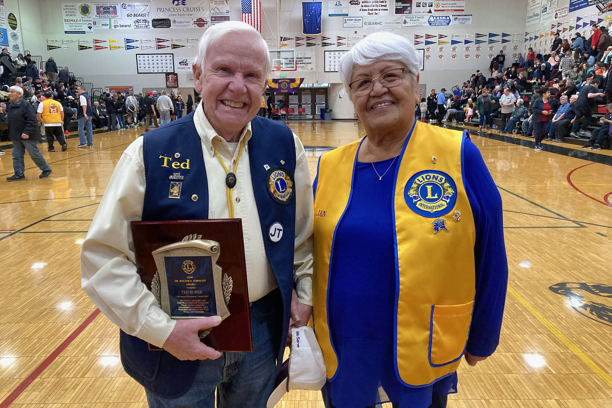 Ted Burke and wife Jan at the Gold Medal Basketball Tournament on Saturday. Burke was the recipient of the Dr. Walter Soboleff Award. (Klas Stolpe/For the Juneau Empire)