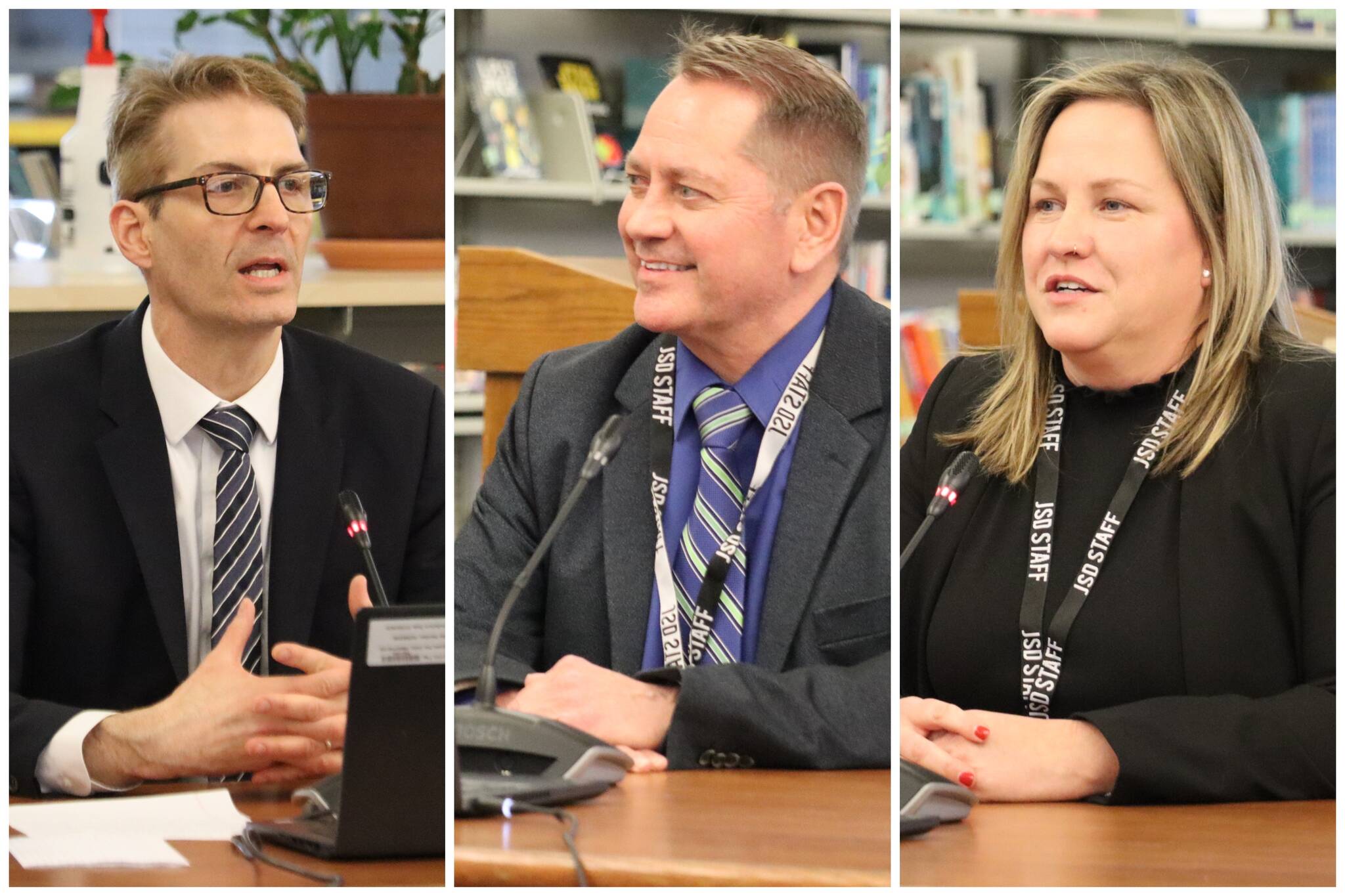 This combination image shows Frank Hauser, Thom Peck and Carlee Simon, the three candidates who are currently being considered for the Juneau School District superintendent position. The district is expected to make a decision on Friday. (Jonson Kuhn / Juneau Empire)