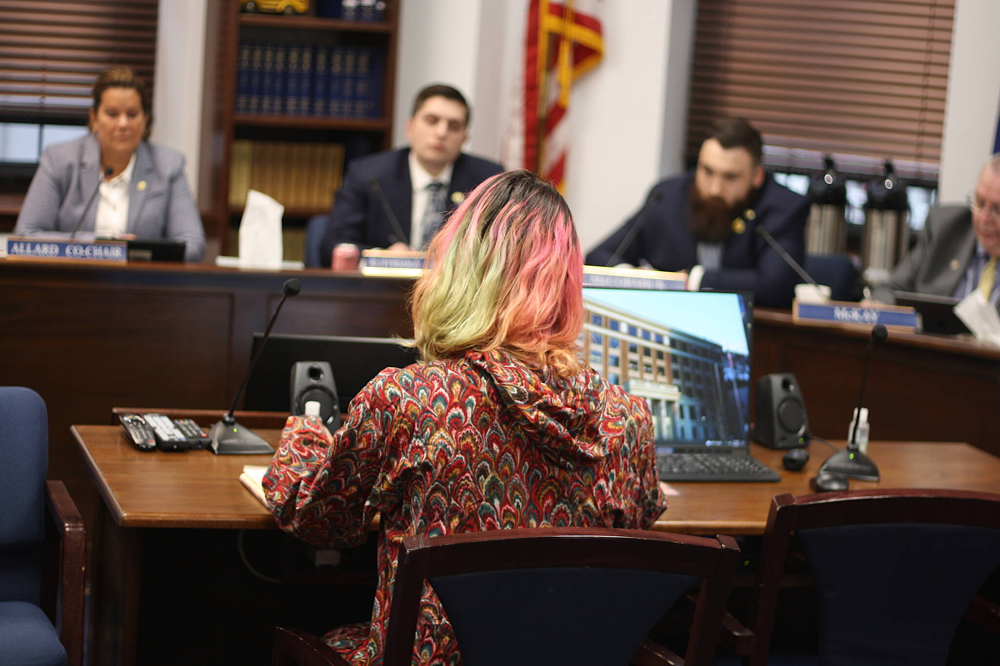 Mark Sabbatini / Juneau Empire
Apayauq Reitan, the first transgender woman to participate in the Iditarod, tells the House Education Committee on Thursday why she opposes a bill restricting sex and gender content in schools.