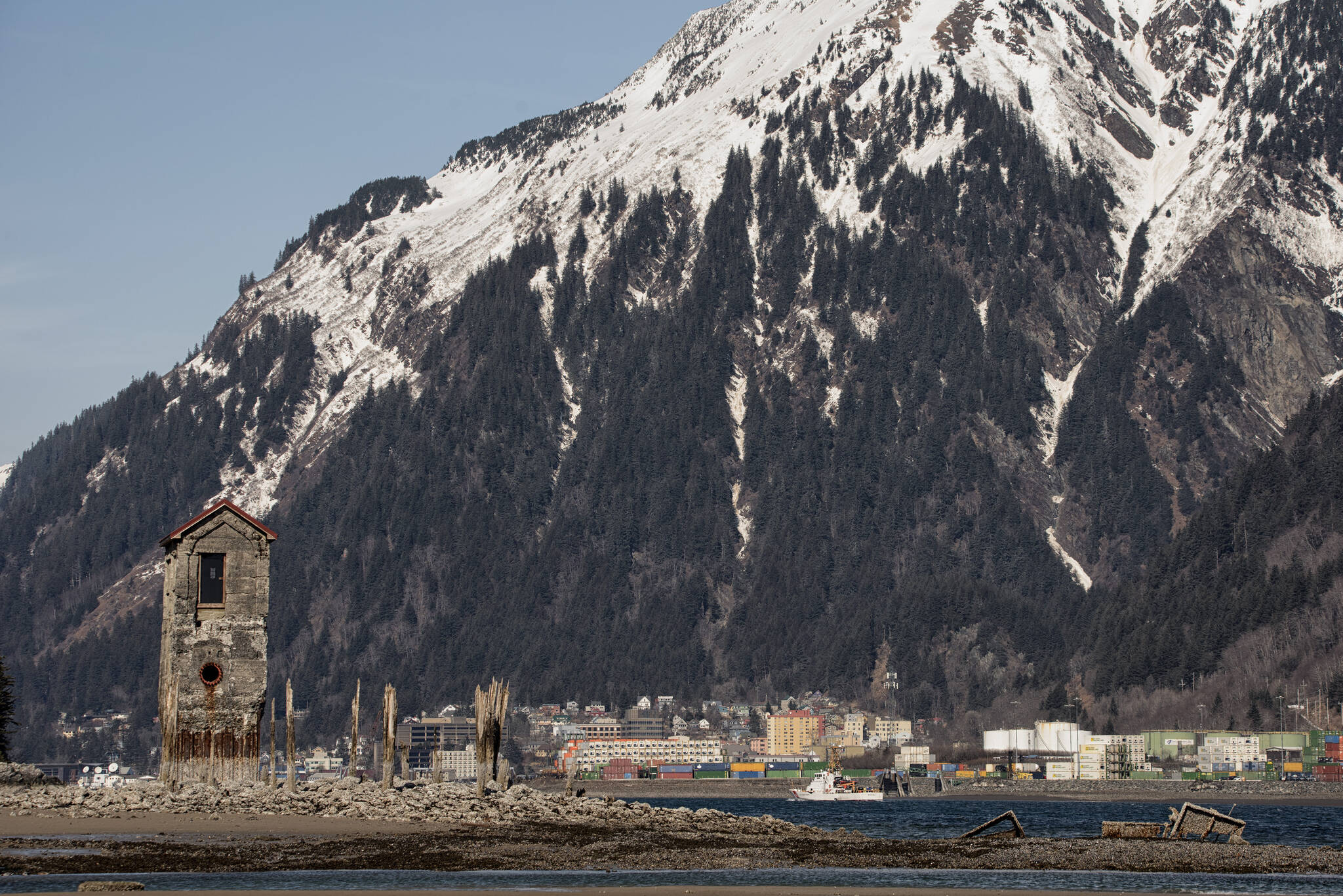 Treadwell Pump house (foreground) with the Port of Juneau and Mount Juneau, Southeast Alaska. (Kenneth Gill, gillfoto)