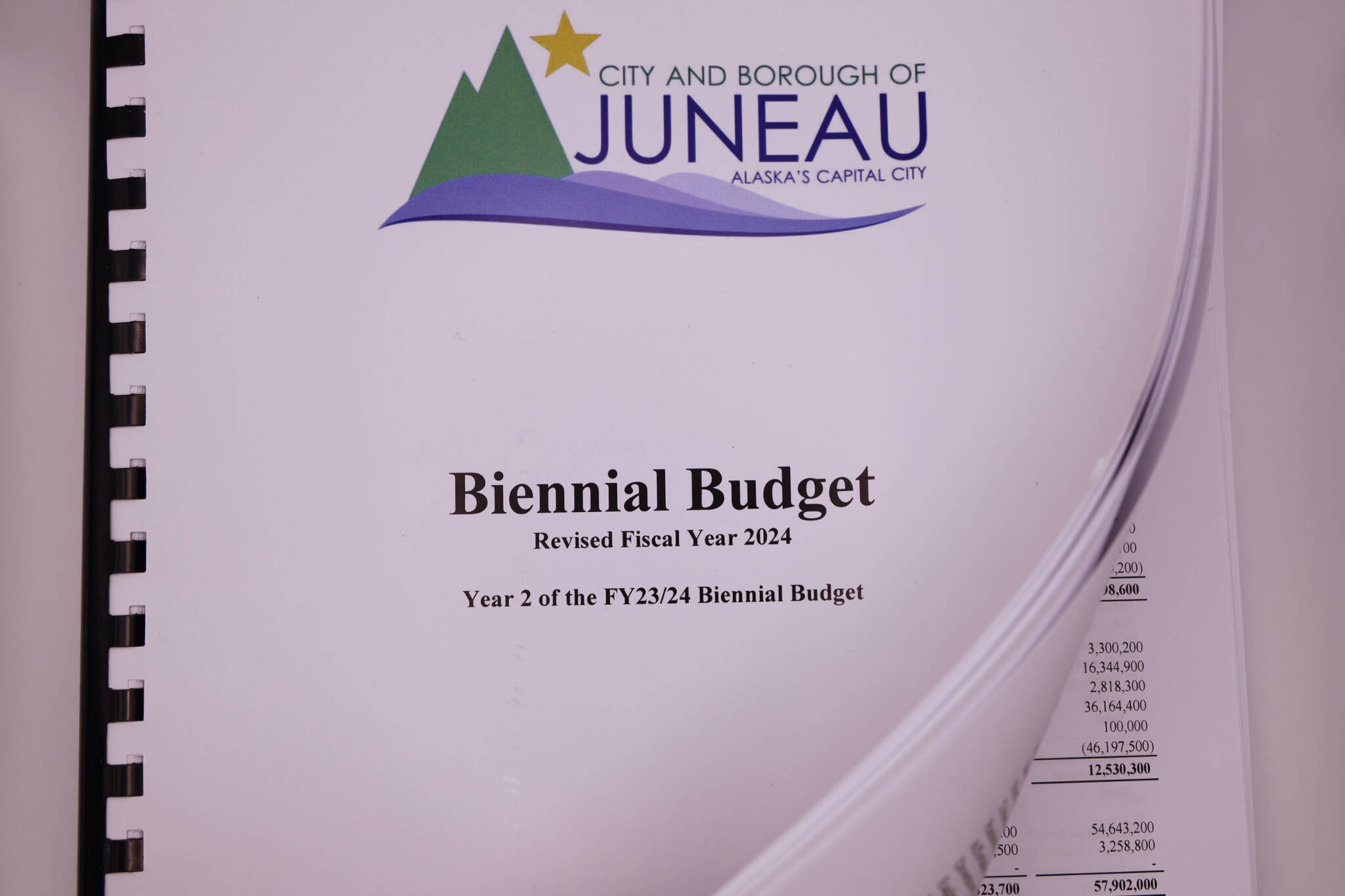 This is a photo of the print edition of the City and Borough of Juneau’s budget book for the fiscal year 2024. (Clarise Larson / Juneau Empire File)