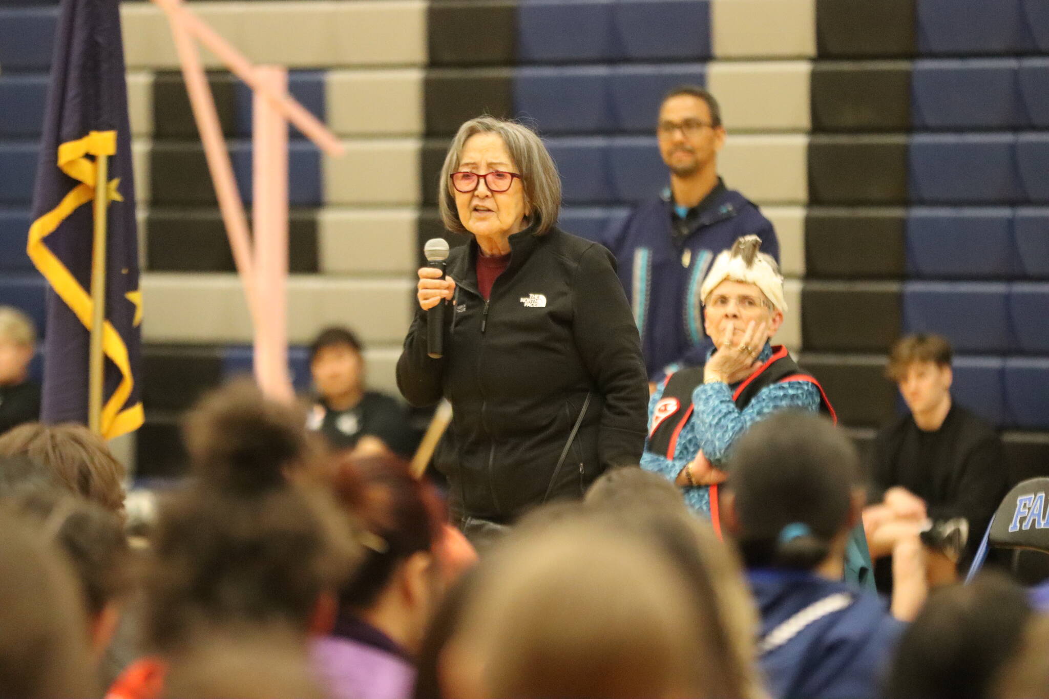 Rosita Worl speaks to a record-setting number of youth athletes on Saturday at Thunder Mountain High School during the opening ceremony of the sixth annual Traditional Games. (Jonson Kuhn / Juneau Empire)