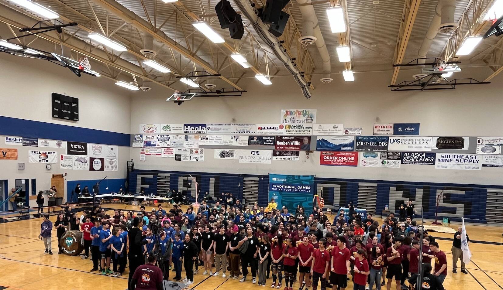 A record-breaking number of athletes from local and visiting teams gather in the gymnasium at Thunder Mountain High School on Saturday to take part in this year’s annual Traditional Games. (Jonson Kuhn / Juneau Empire)