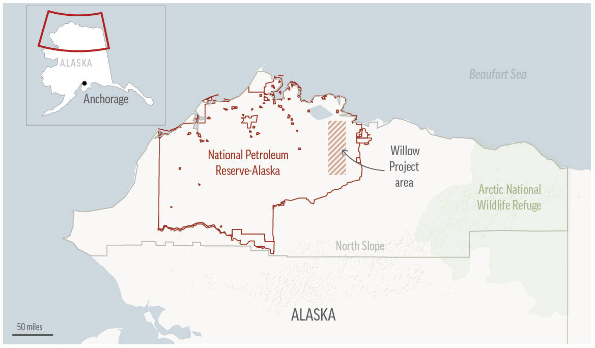 This map shows the location of the Willow oil-drilling project in Alaska’s Western Arctic, which the Biden administration approved March 13. (Associated Press)