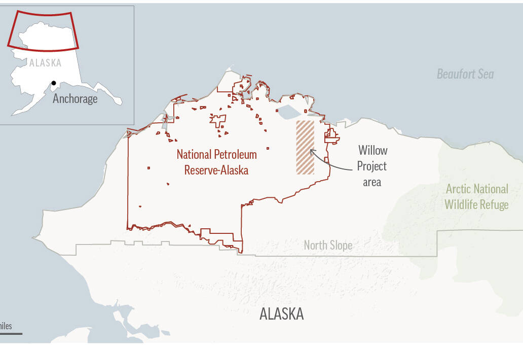 This map shows the location of the Willow oil-drilling project in Alaska’s Western Arctic, which the Biden administration approved March 13. (Associated Press)