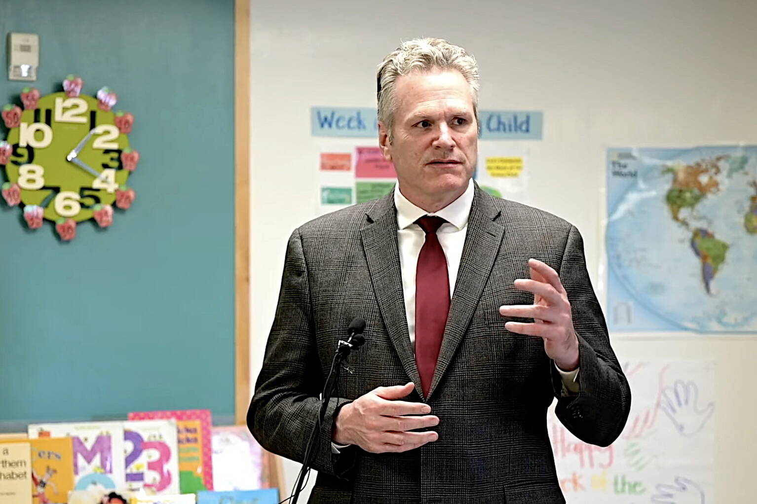 Gov. Mike Dunleavy announces the formation of a child care task force that is scheduled to issue a report of recommendation in July of 2024 during a press conference Thursday in Anchorage. (Screenshot from official video of press conference)
