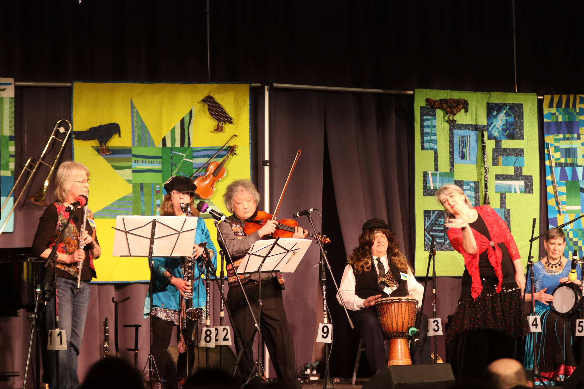 Jonson Kuhn / Juneau Empire
Beth Leibowitz, Cecily Morris, Jacque Farnsworth, Phyllis Scott, Steve Tada, Jean Butler, Delores O’Mara and Steve Winker of Escape from Brooklyn perform for the 48th Annual Alaska Folk Festival which kicked off on Monday at the Juneau Arts and Culture Center.