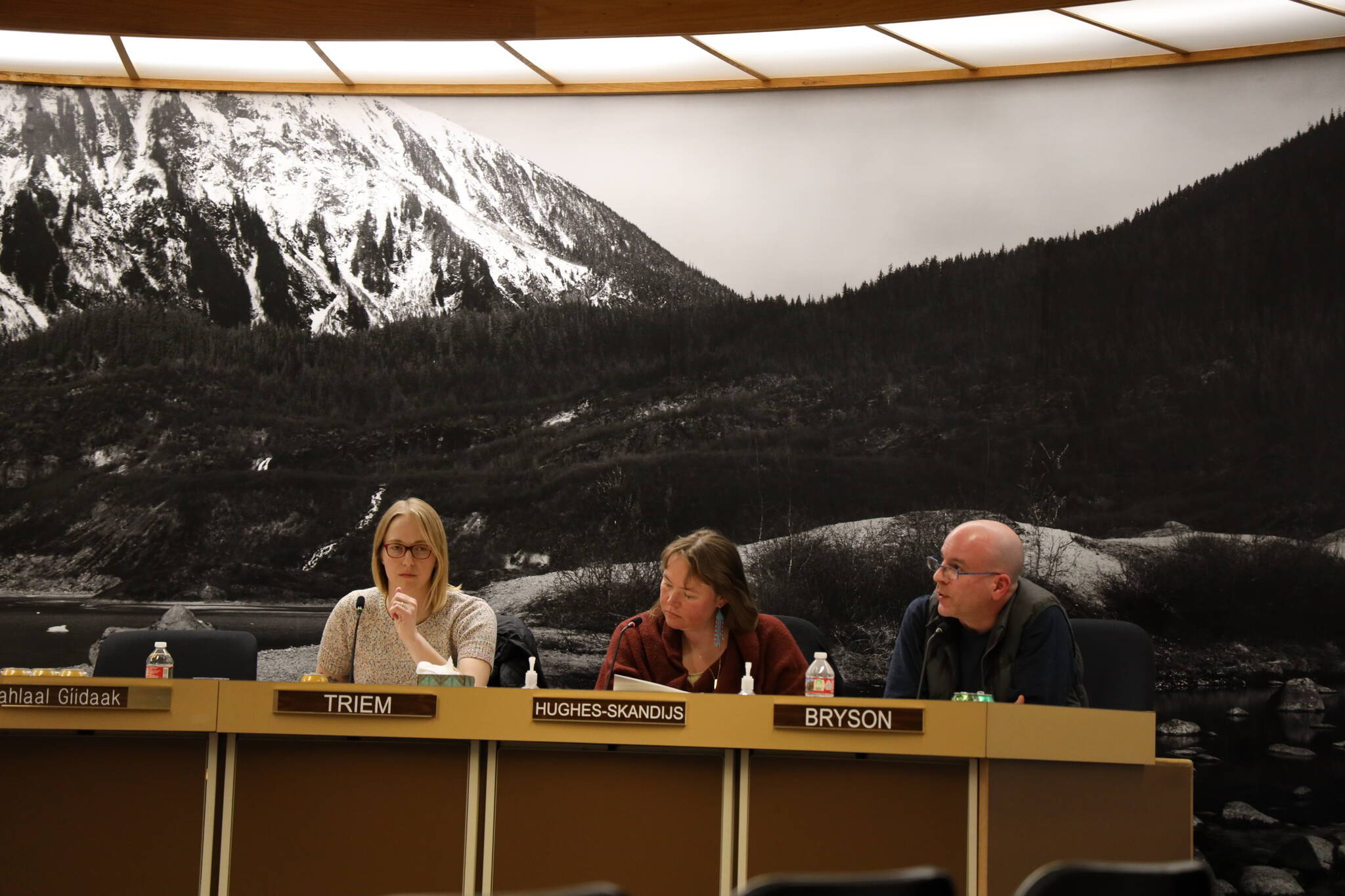 Members of the Juneau Assembly’s Finance Committee meet Wednesday as they hear department presentations about next year’s proposed budget. (Clarise Larson / Juneau Empire)