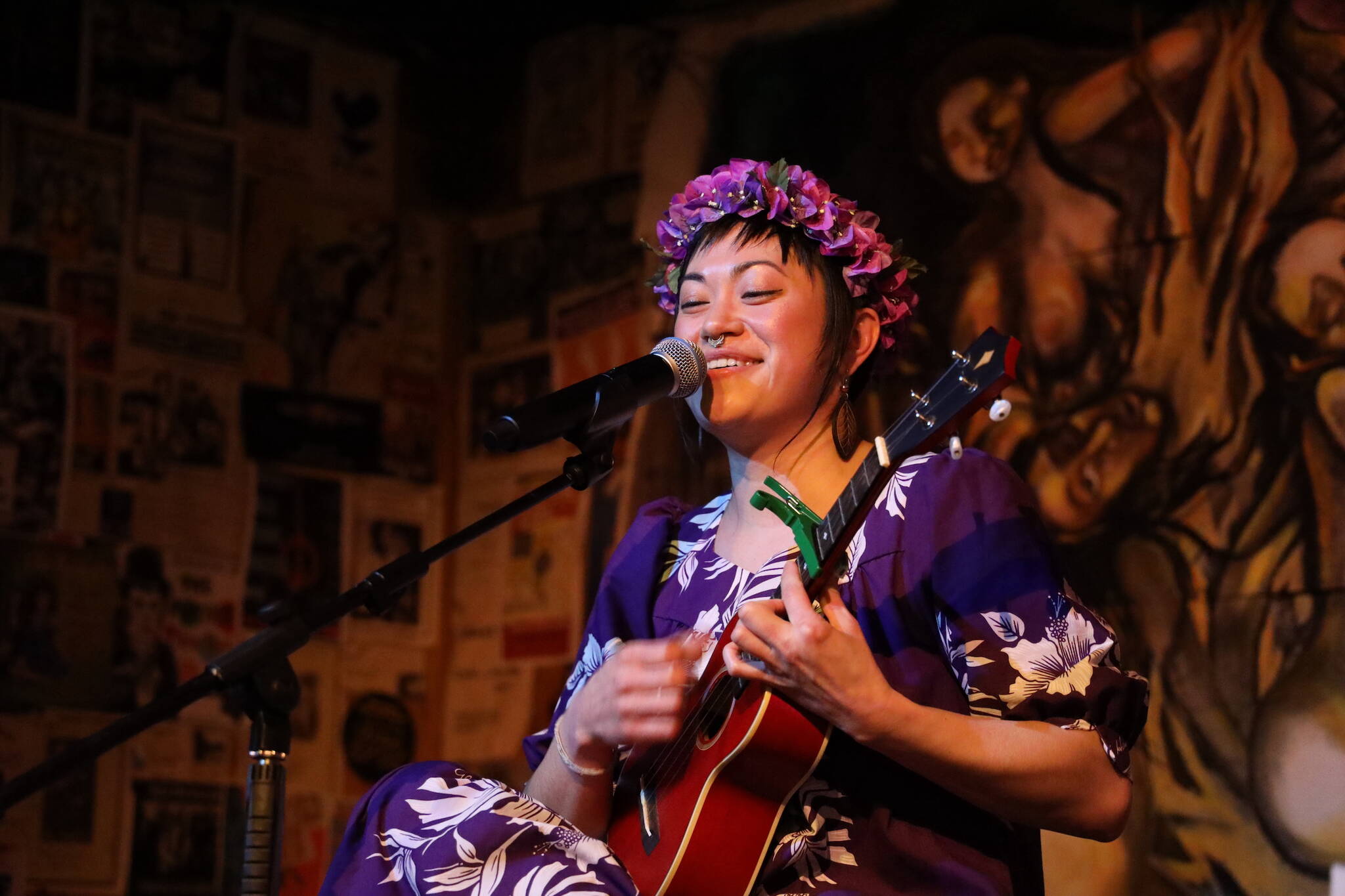 Lisa Puananimōhala’ikalani Denny sings while on stage at the Alaskan Hotel and Bar during the Alaska Folk Festival side-stage event “Unceded” Tuesday evening. (Clarise Larson / Juneau Empire)