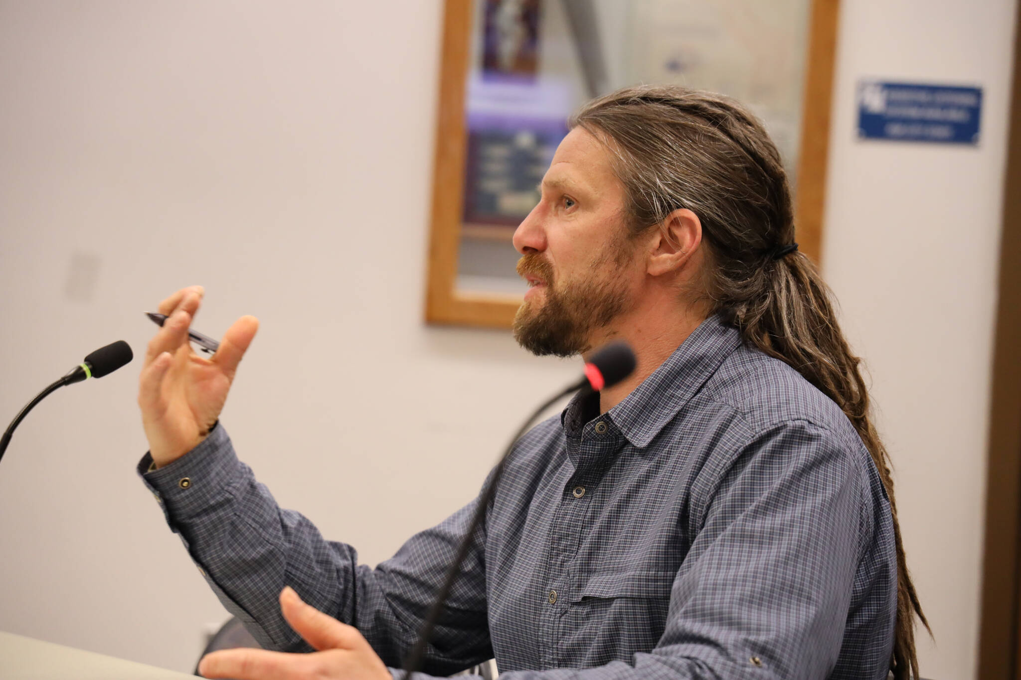 Dave Scanlan, General Manager of Eaglecrest Ski Area, speaks to the City and Borough of Juneau Assembly Finance Committee Thursday evening about the municipal- owned ski area’s budget for fiscal year 2024. (Clarise Larson / Juneau Empire)