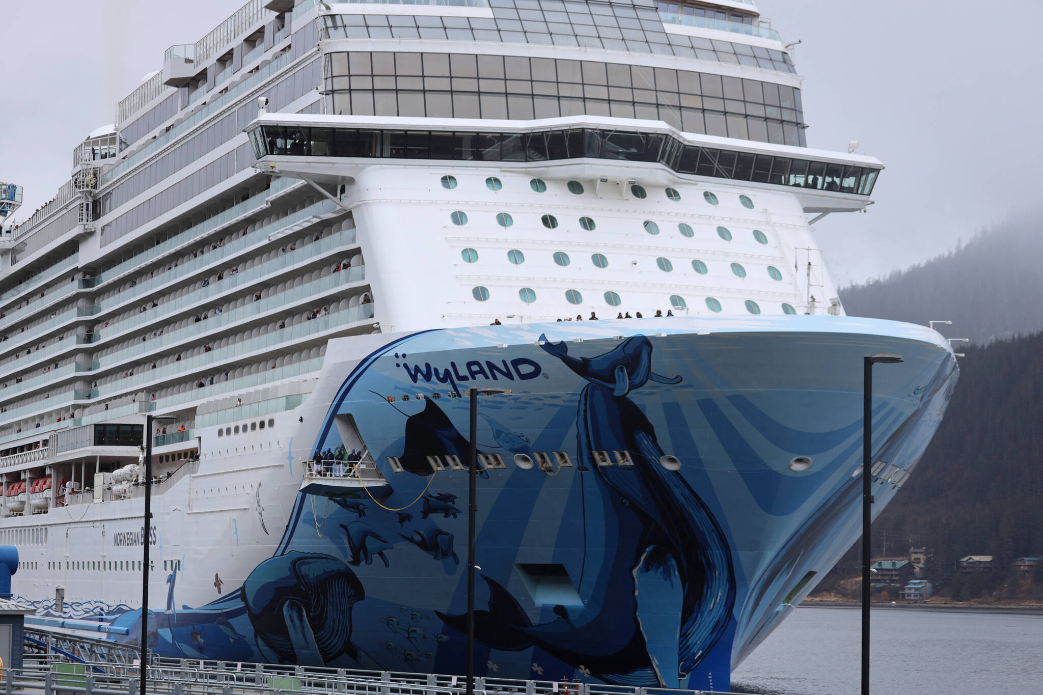 The Norwegian Bliss arrives in Juneau on April 17, 2023, the first cruise ship of the 2023 season. (Clarise Larson / Juneau Empire)