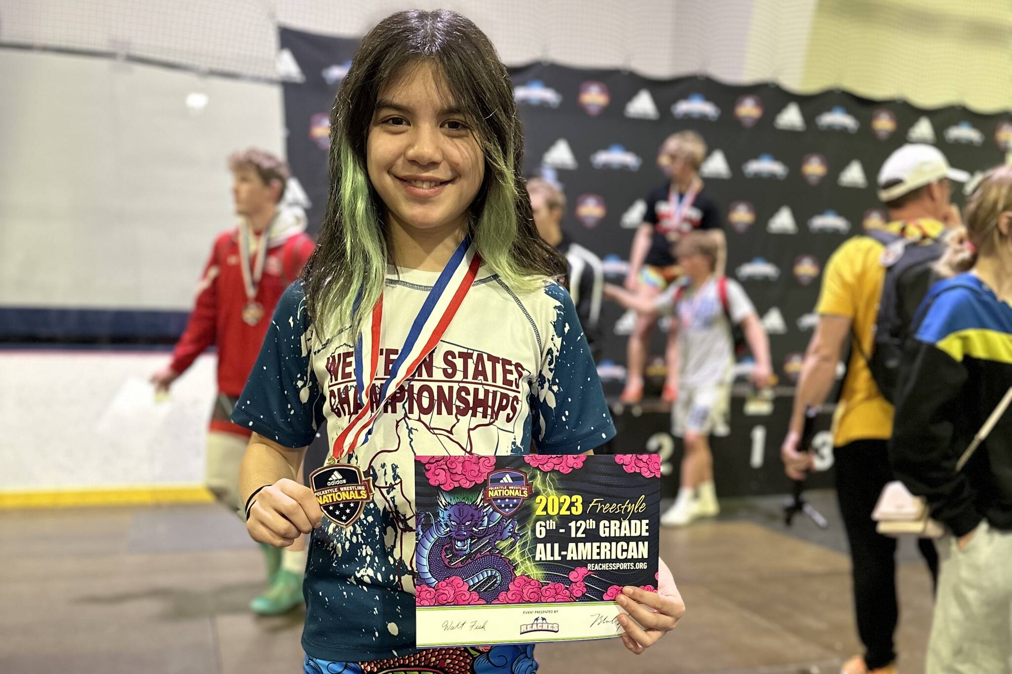 Courtesy Photo / Mel Cummins 
Dzantik’i Heeni Middle School seventh-grader Nixie Schooler poses for a photo after winning this year’s Adidas Nationals Freestyle Wrestling Tournament in Kansas City, Missouri on April 10.
