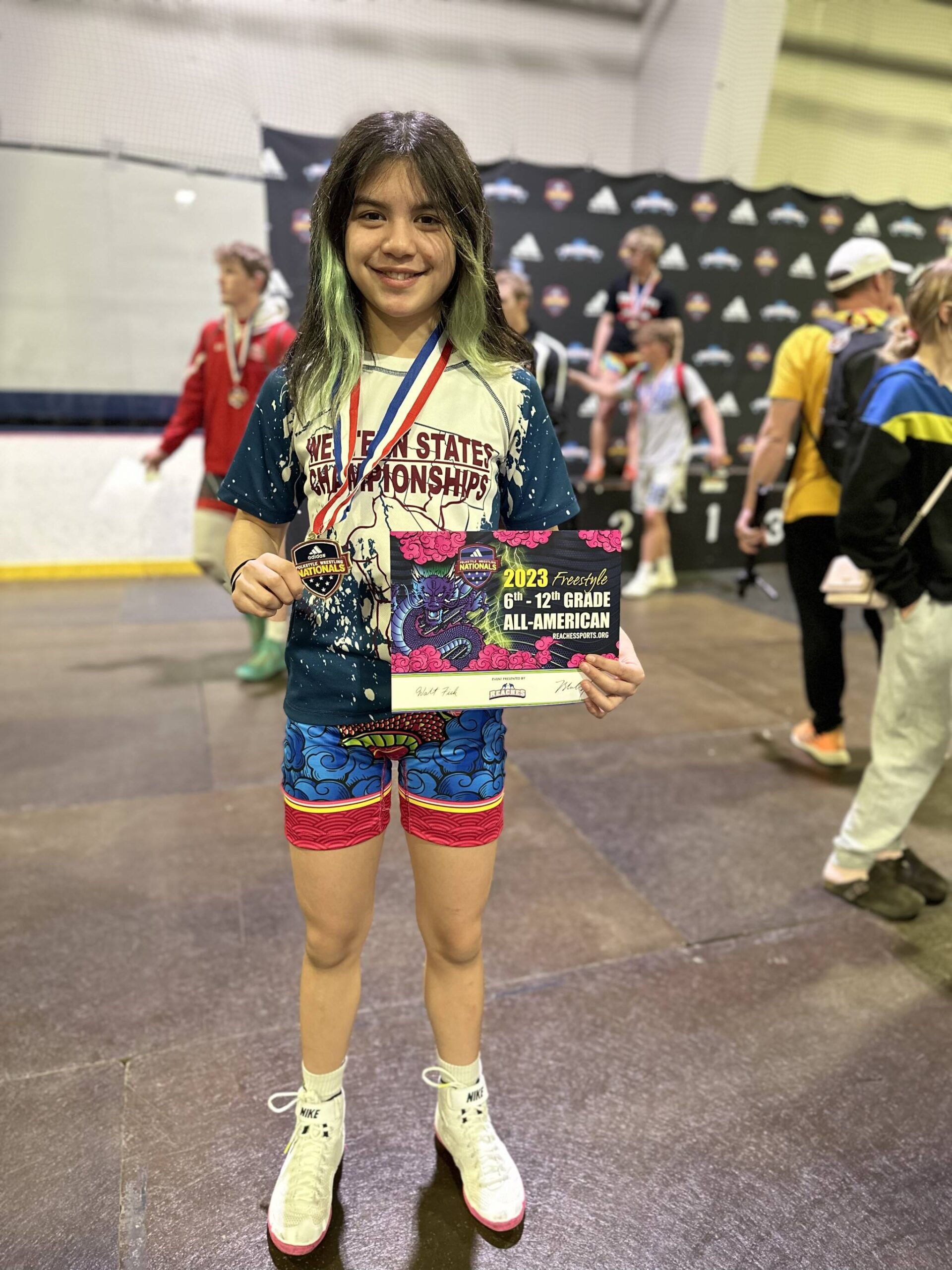 Dzantik’i Heeni Middle School seventh-grader Nixie Schooler poses for a photo after winning this year’s Adidas Nationals Freestyle Wrestling Tournament in Kansas City, Missouri on Monday, April 10. (Courtesy Photo / Mel Cummins)