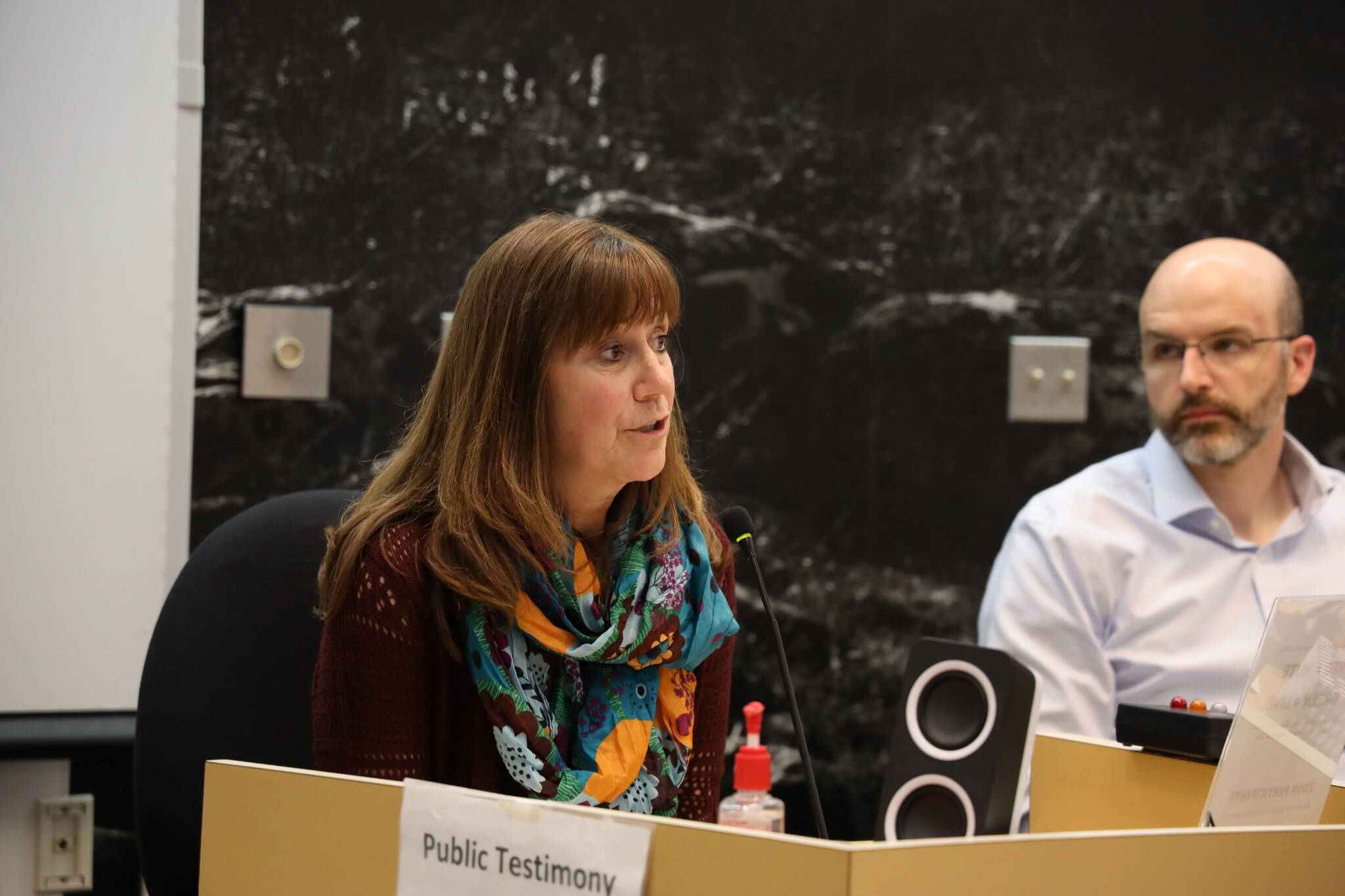 Juneau School District Superintendent Bridget Weiss speaks to the City and Borough of Juneau Assembly at its Monday night meeting. (Clarise Larson / Juneau Empire)