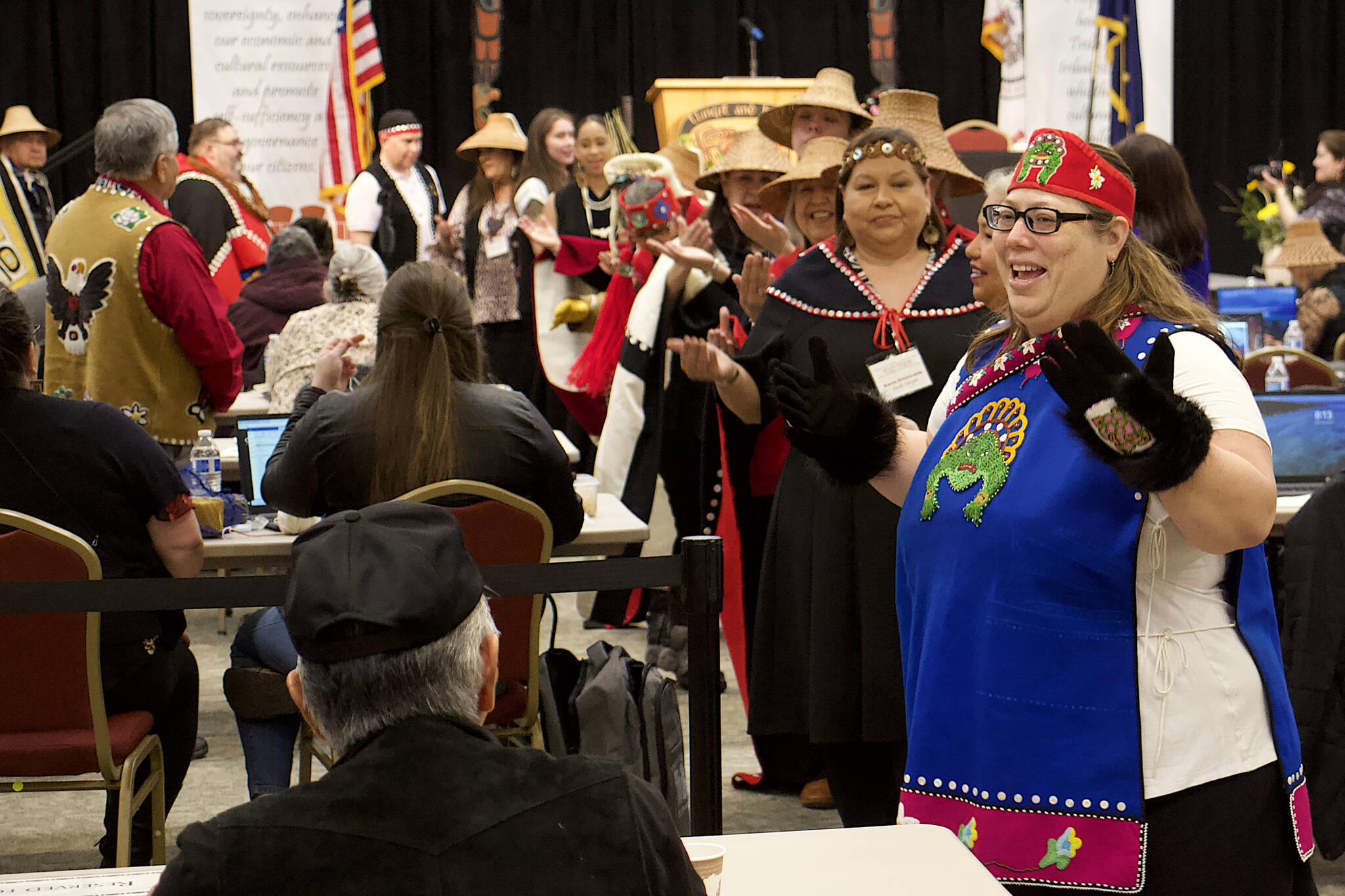 The Eagle/Raven Dance Group completes their grand entrance among delegates Wednesday morning at Elizabeth Peratrovich Hall to mark the beginning of the 88th annual tribal assembly of the Central Council of the Tlingit and Haida Indian Tribes of Alaska. The theme of three-day assembly, held in person for the first time since 2019 due to the COVID-19 pandemic, is “Sovereignty: In Land We Trust.” (Mark Sabbatini / Juneau Empire)