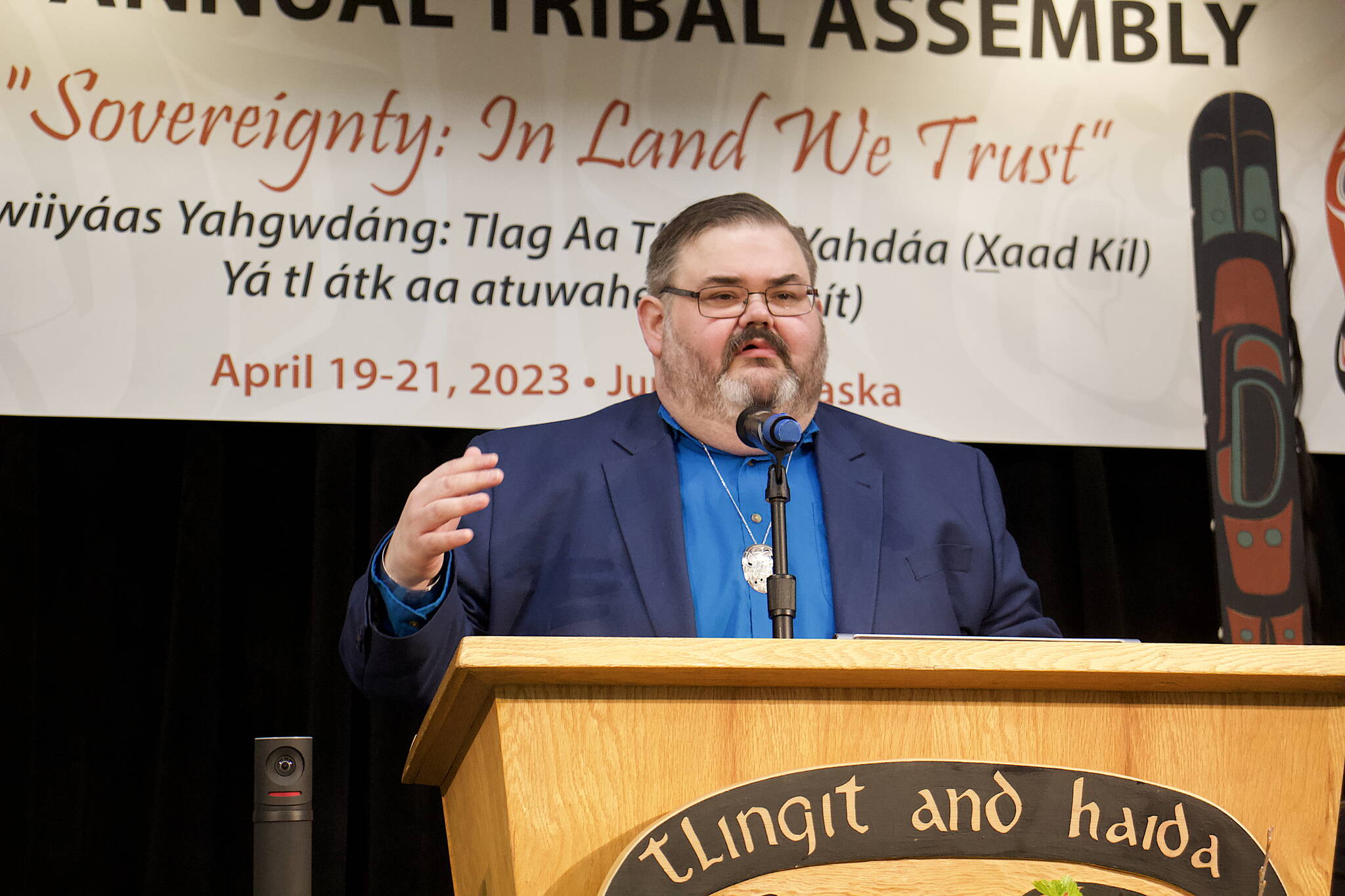 Richard Chalyee Éesh Peterson, president of the Central Council of the Tlingit and Haida Indian Tribes of Alaska, discusses recent political and societal developments during his State of the Tribe Address at the annual tribal assembly on Wednesday at Elizabeth Peratrovich Hall. (Mark Sabbatini / Juneau Empire)