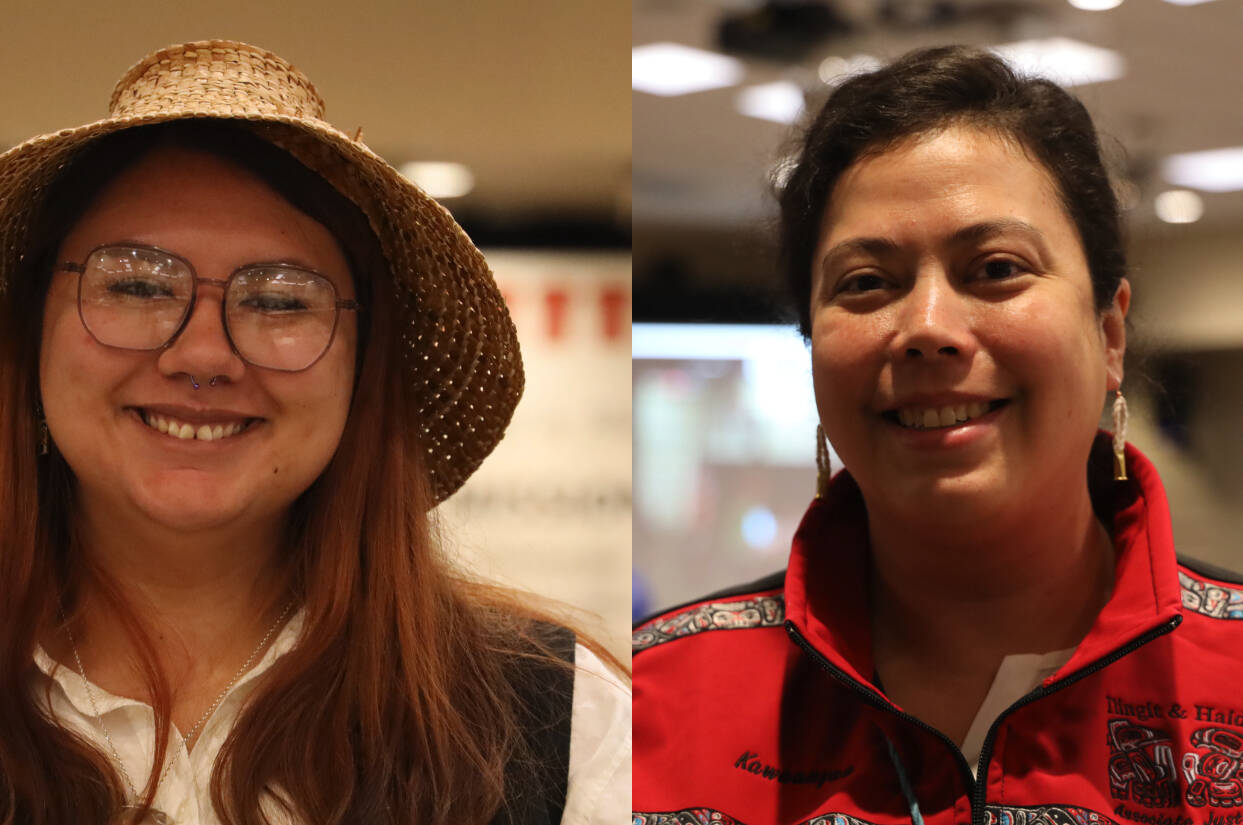 Kugíin-g Dúu Lauryn Framke (left) was elected as emerging leader and Aurora Lehr (right) was reelected as associate justice at the 88th annual Central Council of the Tlingit and Haida Indian Tribes of Alaska Tribal Assembly. (Clarise Larson / Juneau Empire)