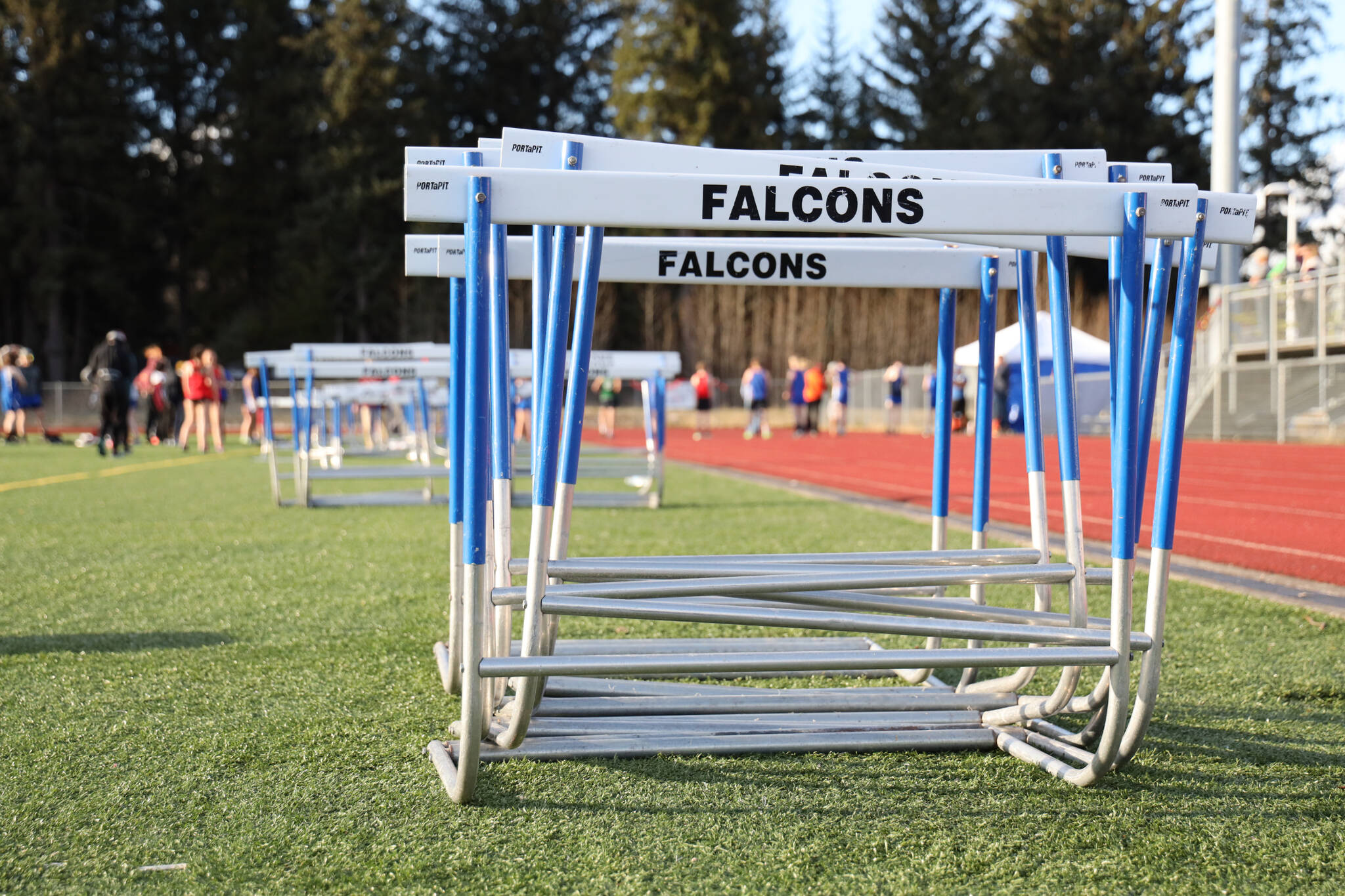 A stack of hurdles sit near the track on Friday during the Capital Invitation Track and Field Meet at Thunder Mountain High School Friday evening. (Clarise Larson / Juneau Empire)