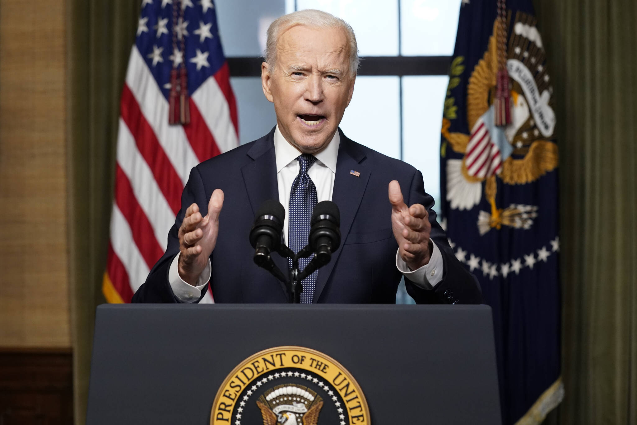 President Joe Biden speaks from the Treaty Room in the White House on April 14, 2021, about the withdrawal of the remainder of U.S. troops from Afghanistan. (AP Photo / Andrew Harnik)