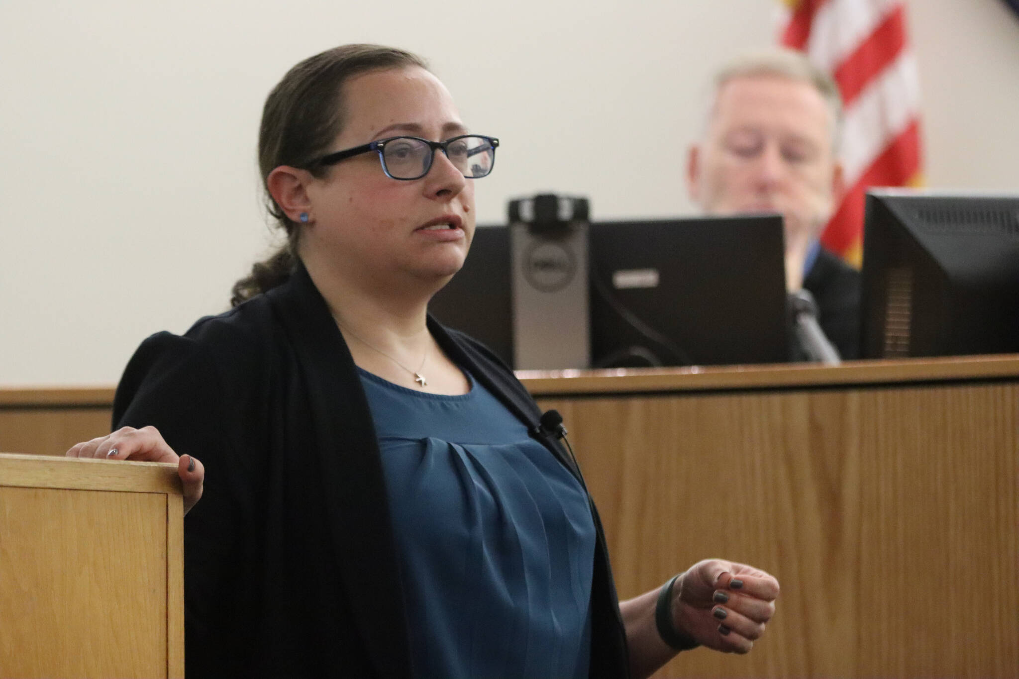 State prosecuting attorney Jessalyn Gillum addresses the jury on Monday for the case against Jason Traver who was on trial for second-degree assault against his wife Jennifer Traver. (Jonson Kuhn / Juneau Empire)