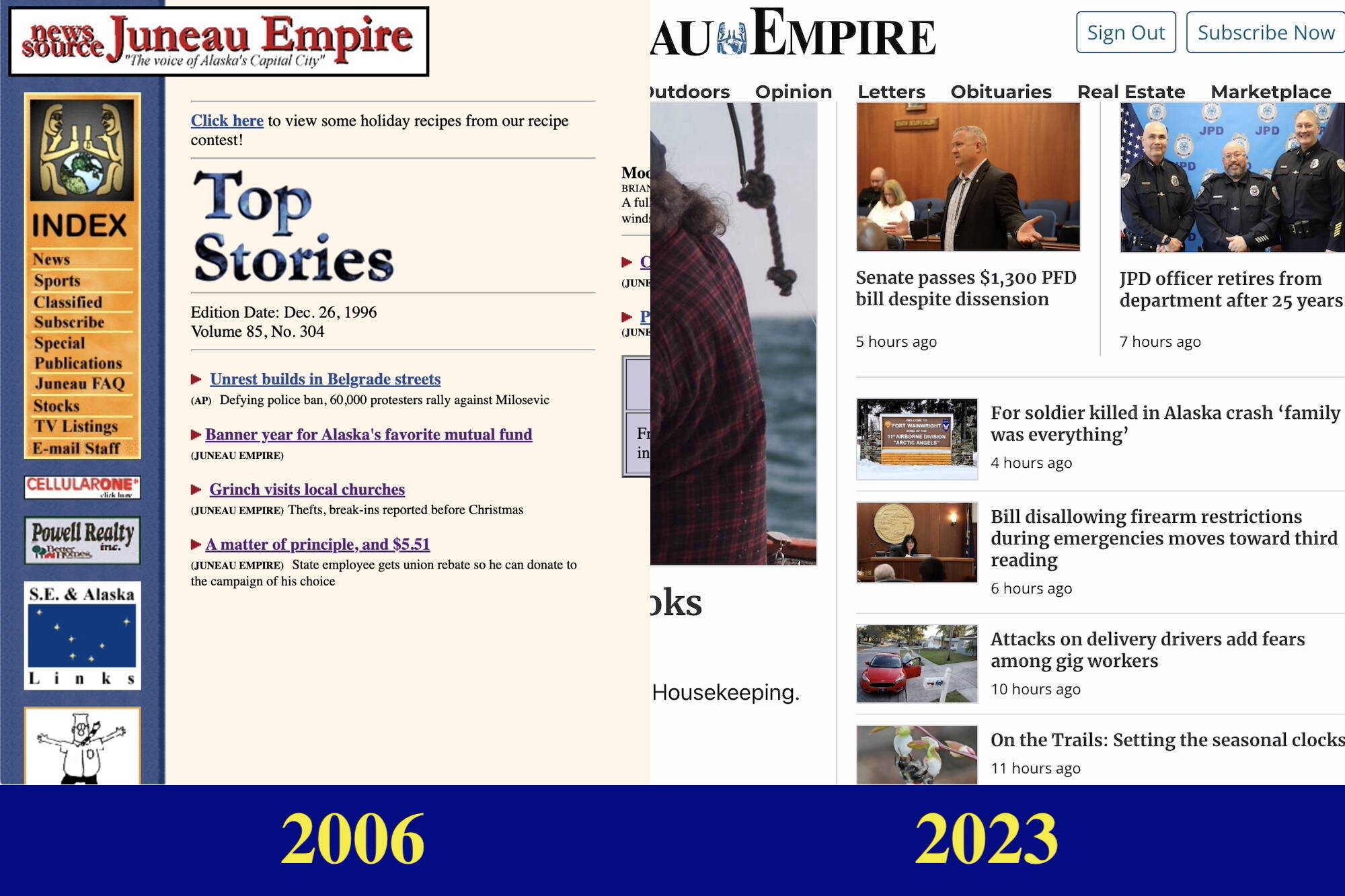 Screenshot
Screenshots of the Juneau Empire’s website in 1996 and today.