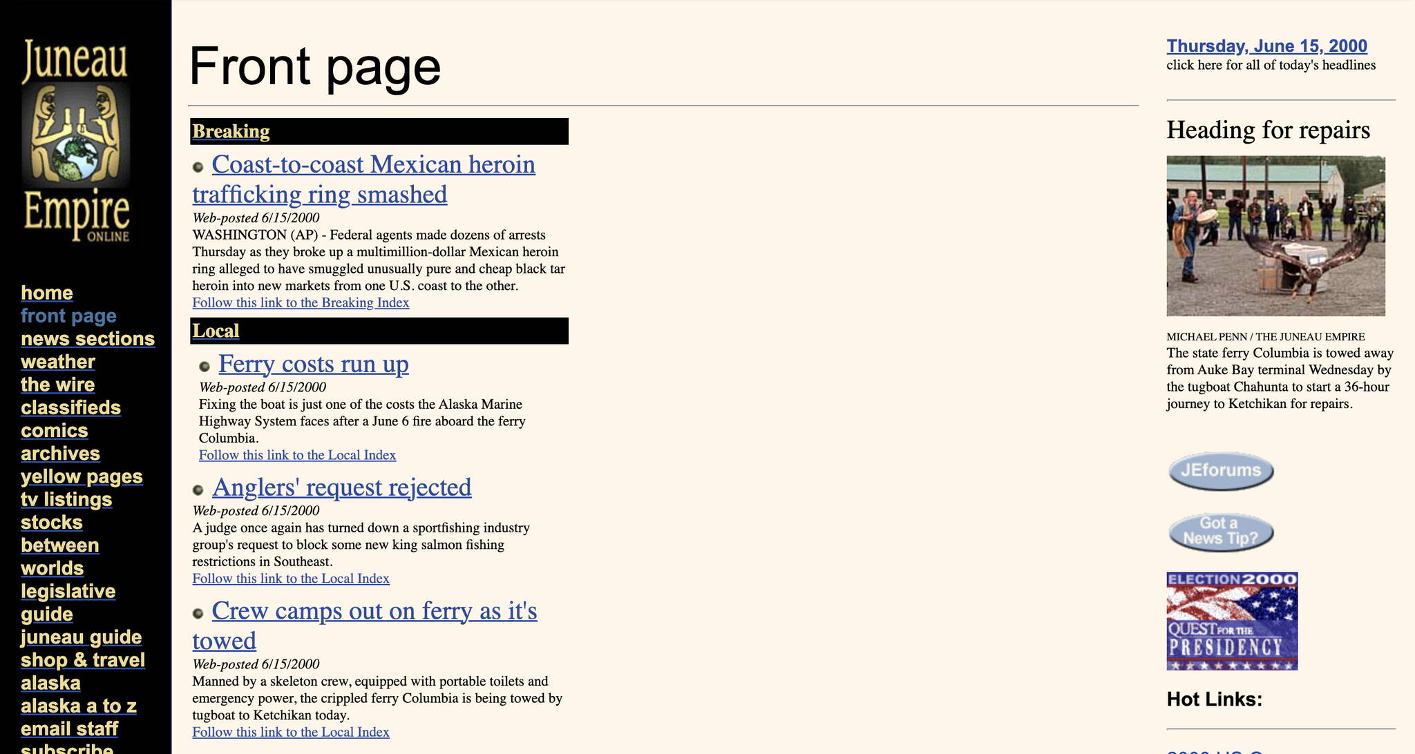 The news homepage of the Juneau Empire on June 15, 2000, shows that while the layout is cleaner than its debut four years earlier, the content and design elements are largely the same. (Screenshot of juneauempire.com from the Internet Archive)