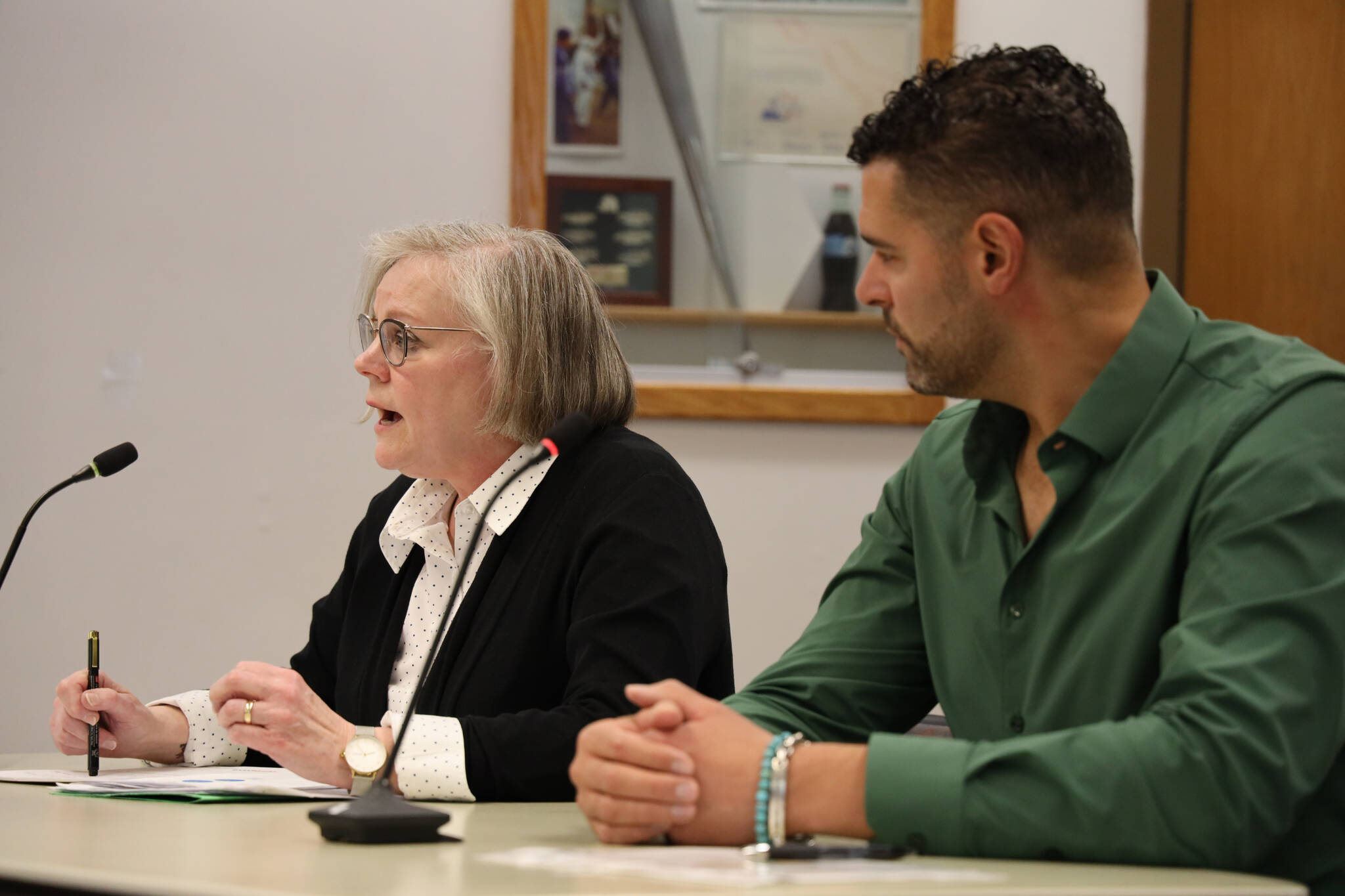 Travel Juneau President Liz Perry (left) and board member McHugh Pierre (right) discuss its budget at the Assemblys Finance Committee Meeting last Wednesday. According to City Finance Director Jeff Rogers, the largest portion of the organizations annual budget (around 80%) comes from the citys hotel bed tax revenue. (Clarise Larson / Juneau Empire)