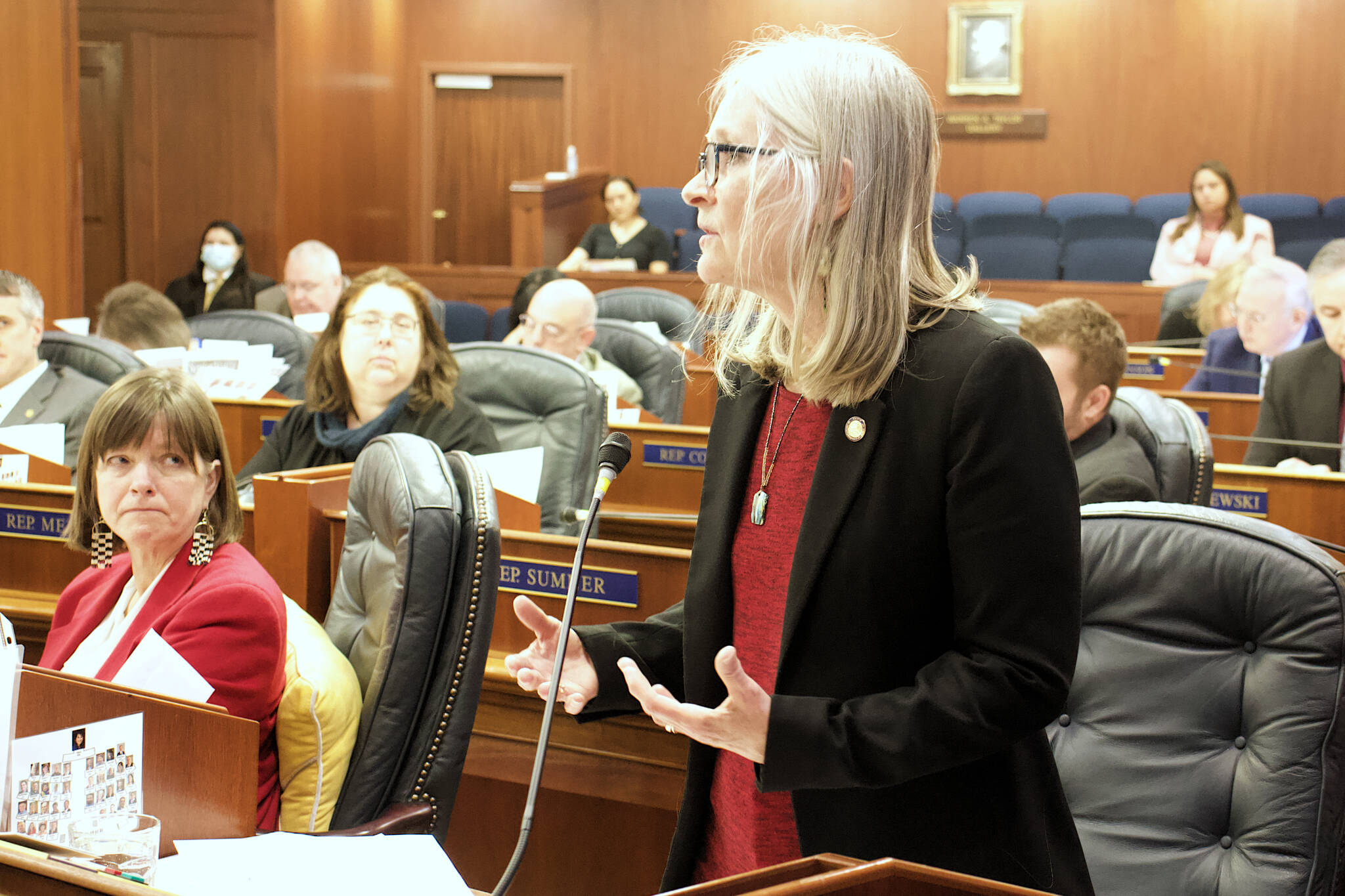 Mark Sabbatini / Juneau Empire
State Rep. Andi Story, D-Juneau, explains during Wednesday’s floor session how a bill she is sponsoring will add to the number of Alaska Native languages officially recognized by the state and expand the role of a Native language preservation council.