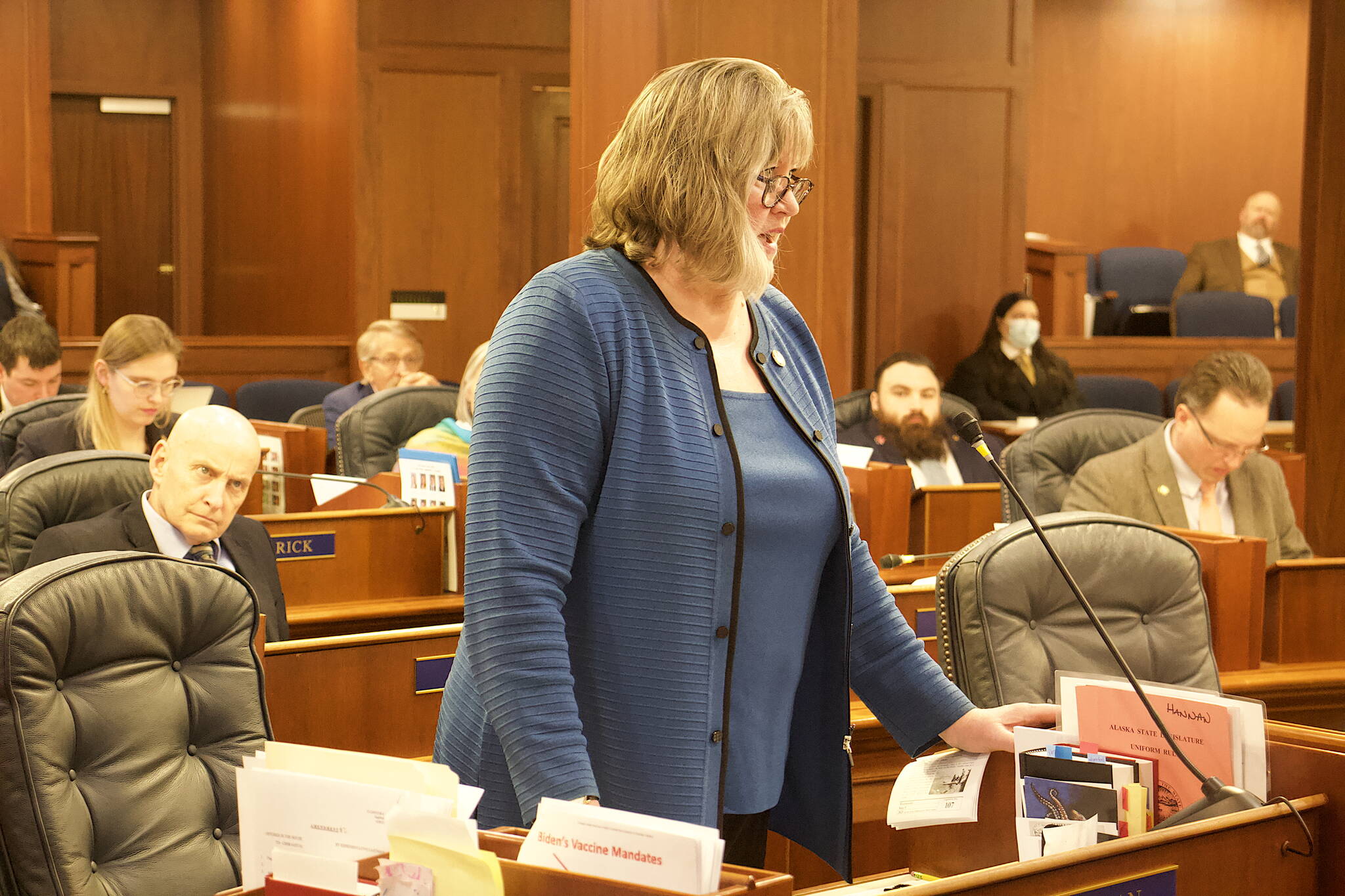 Rep. Sara Hannan, D-Juneau, speaks in opposition Wednesday to a bill prohibiting limits on firearms during emergencies, saying it could put people in shelters and the facilities at risk. (Mark Sabbatini / Juneau Empire)