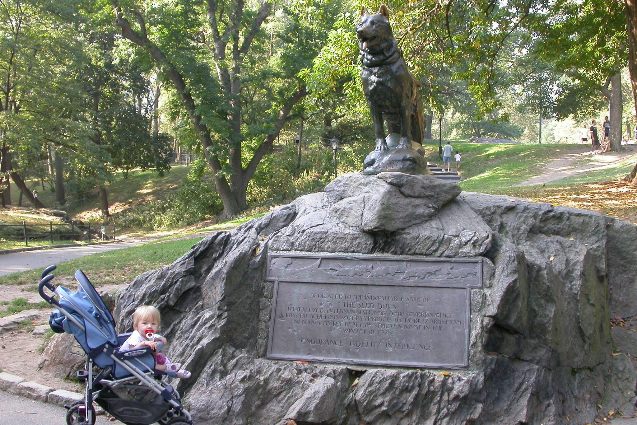 In October 2007, 1-year-old Anna Rozell admired a statue of Balto in Central Park of New York City. (Courtesy Photo / Ned Rozell)