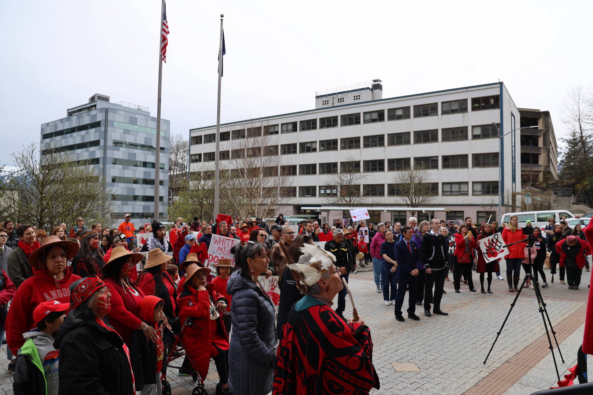 A crowd gathers at the steps of the Alaska State Capitol Friday evening for a rally and march to recognize Missing and Murdered Indigenous Peoples Awareness Day held each year on May 5. (Clarise Larson / Juneau Empire)