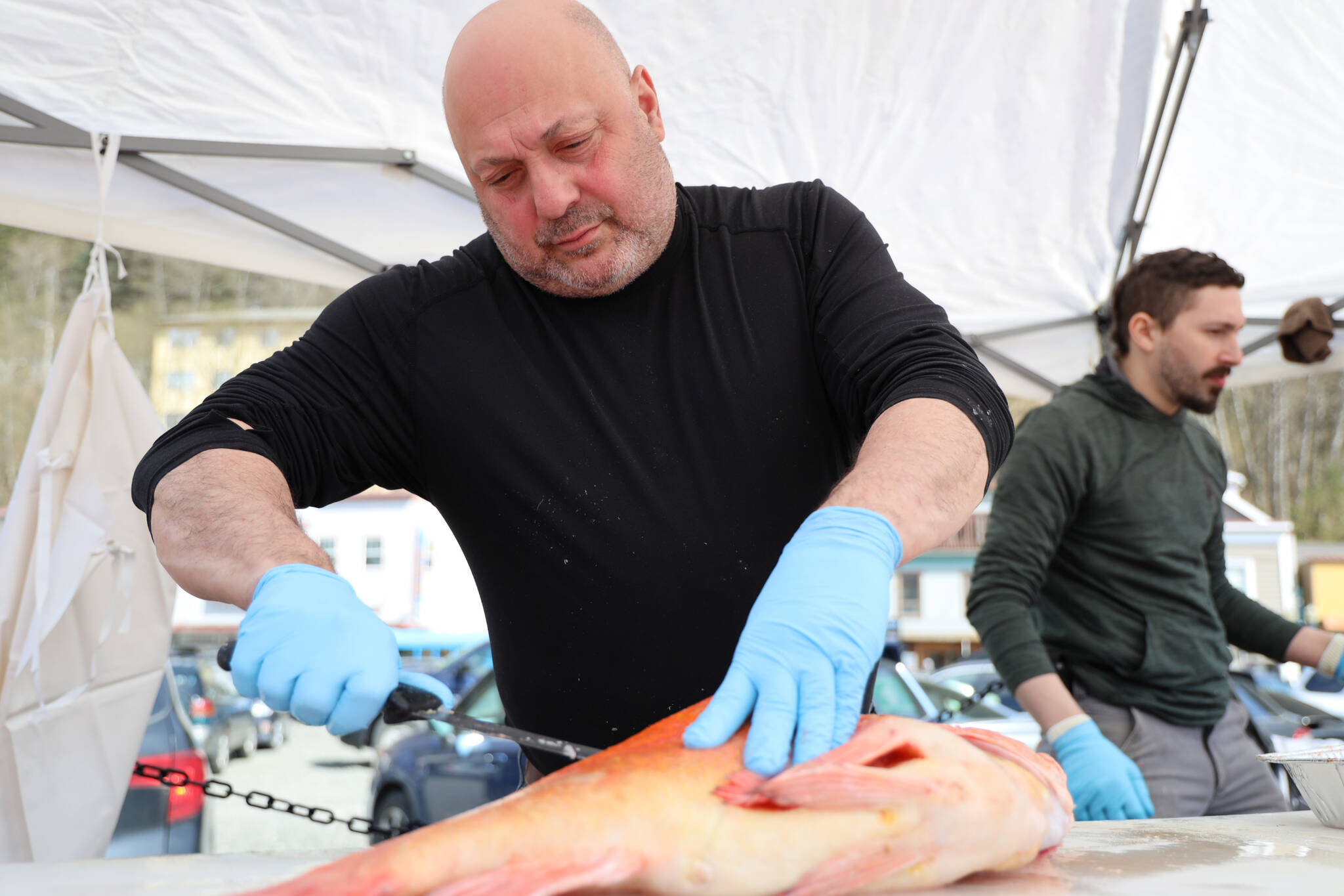 Ernesy Guldin with Alaska Glacier Seafood fillets yelloweye rockfish to be cooked and handed out for free by Taku Smokeries during 2023 Juneau Maritime Festival Saturday afternoon at the Elizabeth Peratrovich Plaza. (Clarise Larson / Juneau Empire)