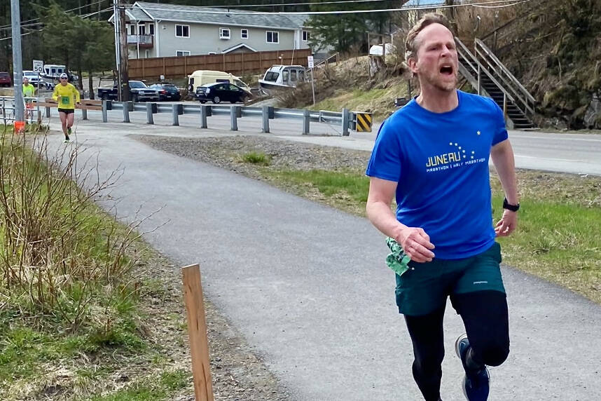 Hiram Henry, 48, wins the 7.5-mile run in the Magnificent Mendenhall Mudpuddle Meet on Saturday. (Courtesy Photo / Quinn Tracy/ Heather Parker)
Hiram Henry, 48, wins the 7.5-mile run in the Magnificent Mendenhall Mudpuddle Meet on Saturday. (Courtesy Photo / Quinn Tracy/ Heather Parker)