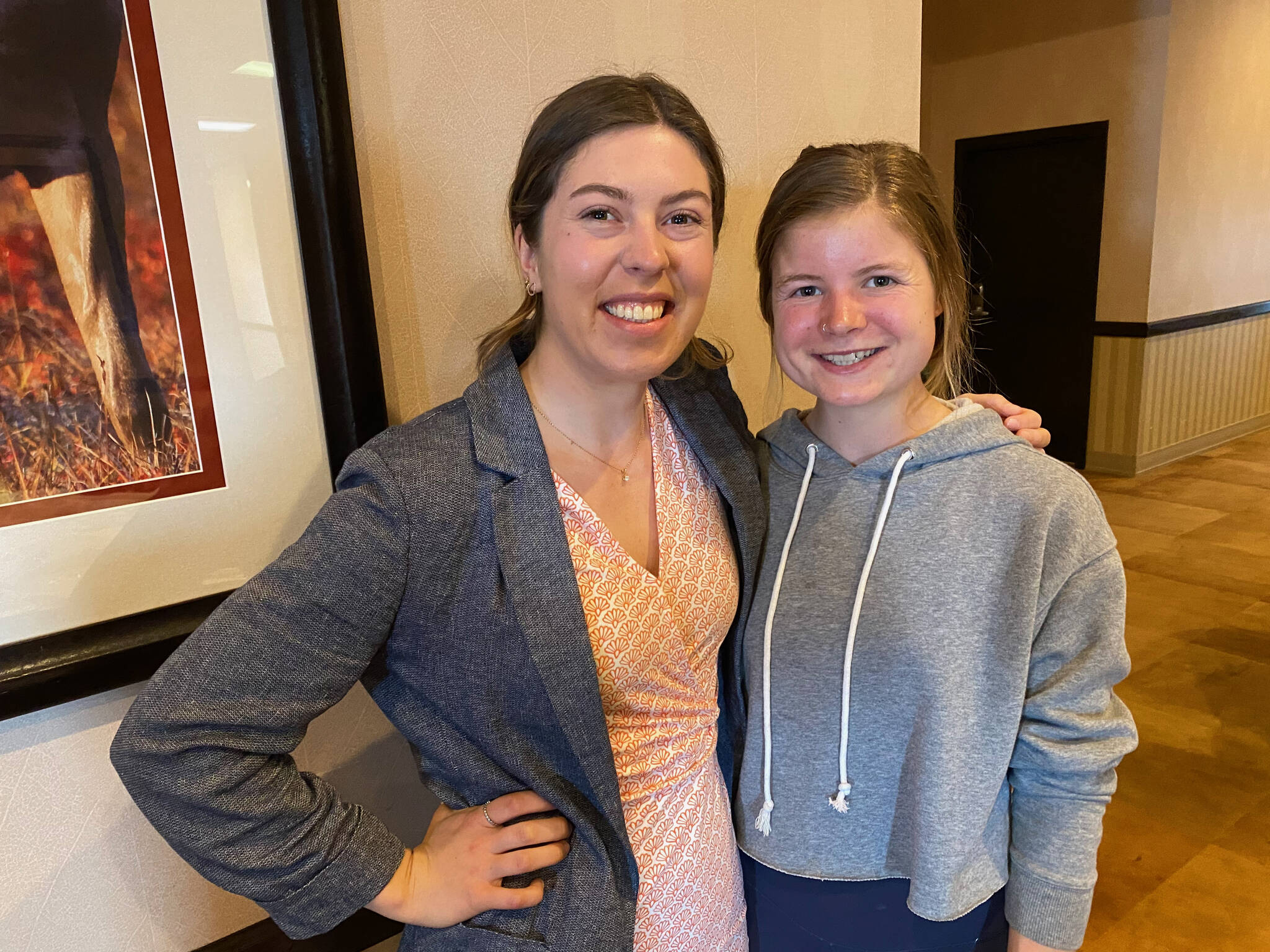 Izabelle Ith, left, stands with fellow 2023 ASAA Hall of Fame inductee Allie Ostrander, right on Sunday at the Hall of Fame induction ceremony in Anchorage, Sunday. (Courtesy Photo / Tommy Thompson)