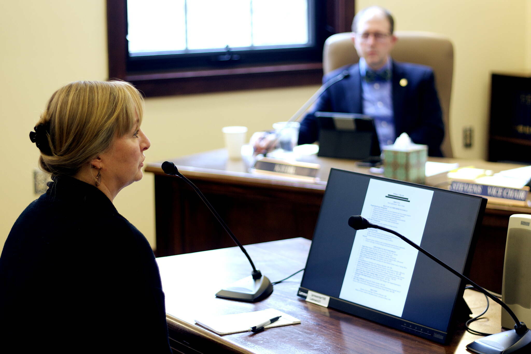 Bethany Marcum, executive director of the Alaska Policy Forum, responds to questions from the Senate Education Committee on March 14 about her nomination to the University of Alaska’s Board of Regents. Her organization’s conservative policies, including backing a budget by Gov. Mike Dunleavy that proposed a 40% cut to the university system, made her one of the most controversial nominees who will be considered during a joint session of the Legislature on Tuesday. (Mark Sabbatini / Juneau Empire)