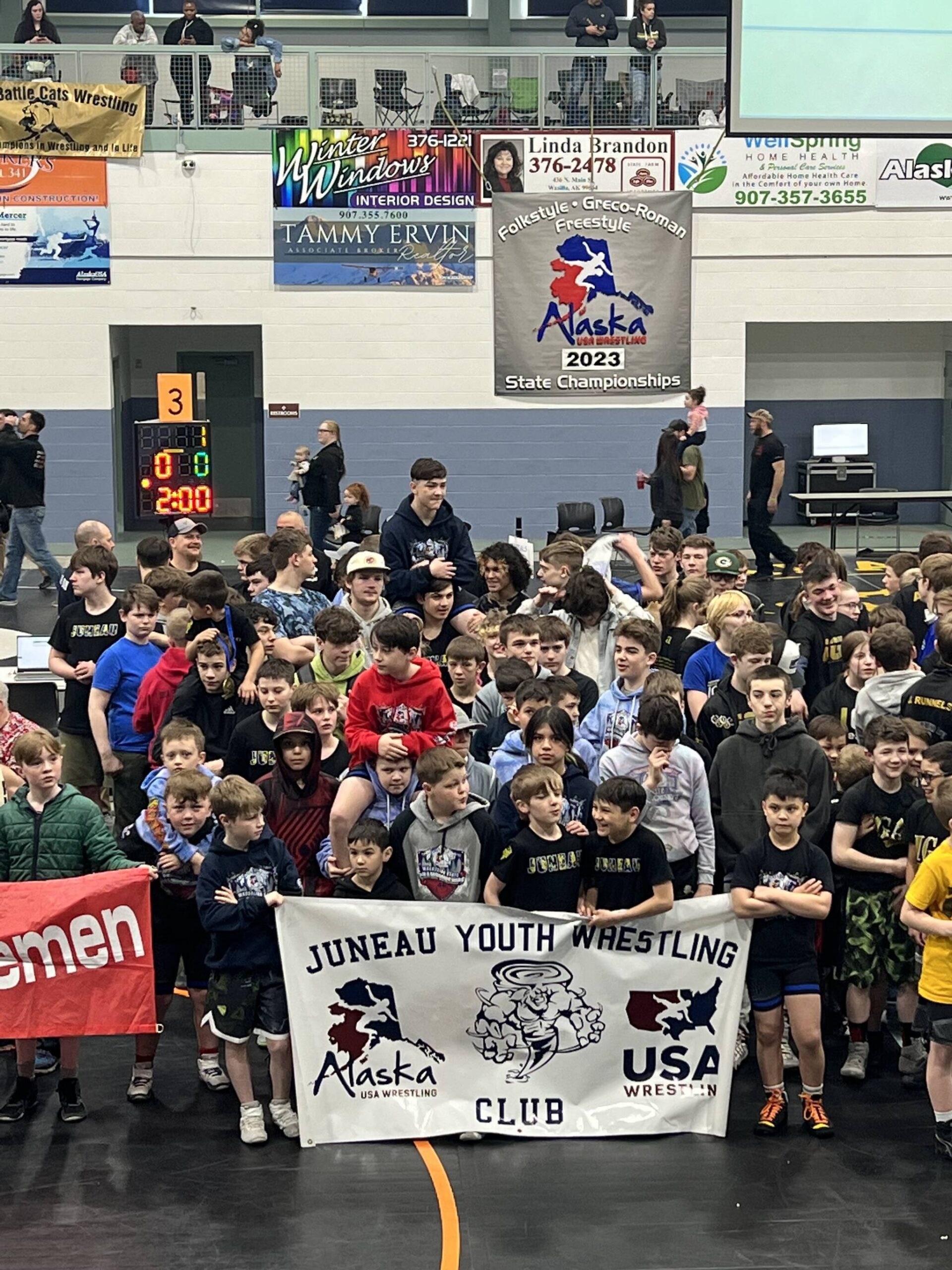 A group of JYWC Tornadoes get ready before the opening ceremony at the USA Wrestling Alaska State Championships at the Menard Center in Wasilla from May 3-7. (Courtesy Photo / Mel Hastings)