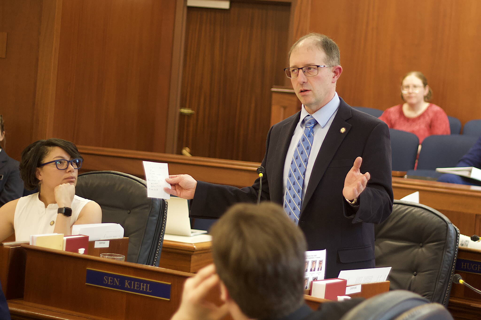 State Sen. Jesse Kiehl, D-Juneau, explains the details of his bill banning PFAS chemicals for most firefighting during the Senate floor session on Monday. The bill passed unanimously and now goes to the House for consideration. (Mark Sabbatini / Juneau Empire)