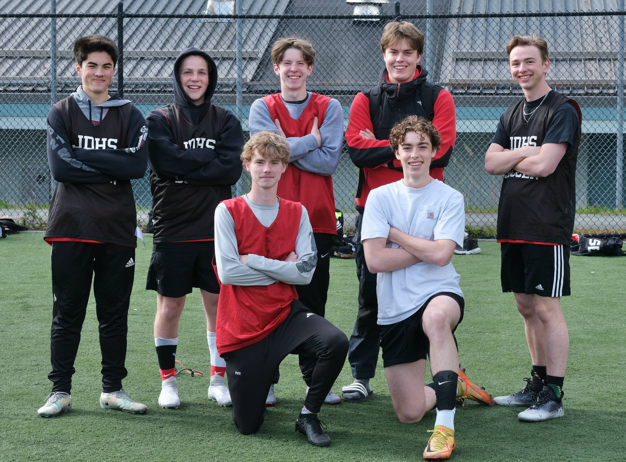 The Juneau-Douglas High School: Yadaa.at Kalé Crimson Bears boys soccer seniors are (back row left to right) Gabe Cheng, Micah Brown, Kean Buss, Jack Schwarting and Tommy Pearson. (Front, left to right) Will Robinson and Tayten Bennetsen. (Klas Stolpe / Juneau Empire)