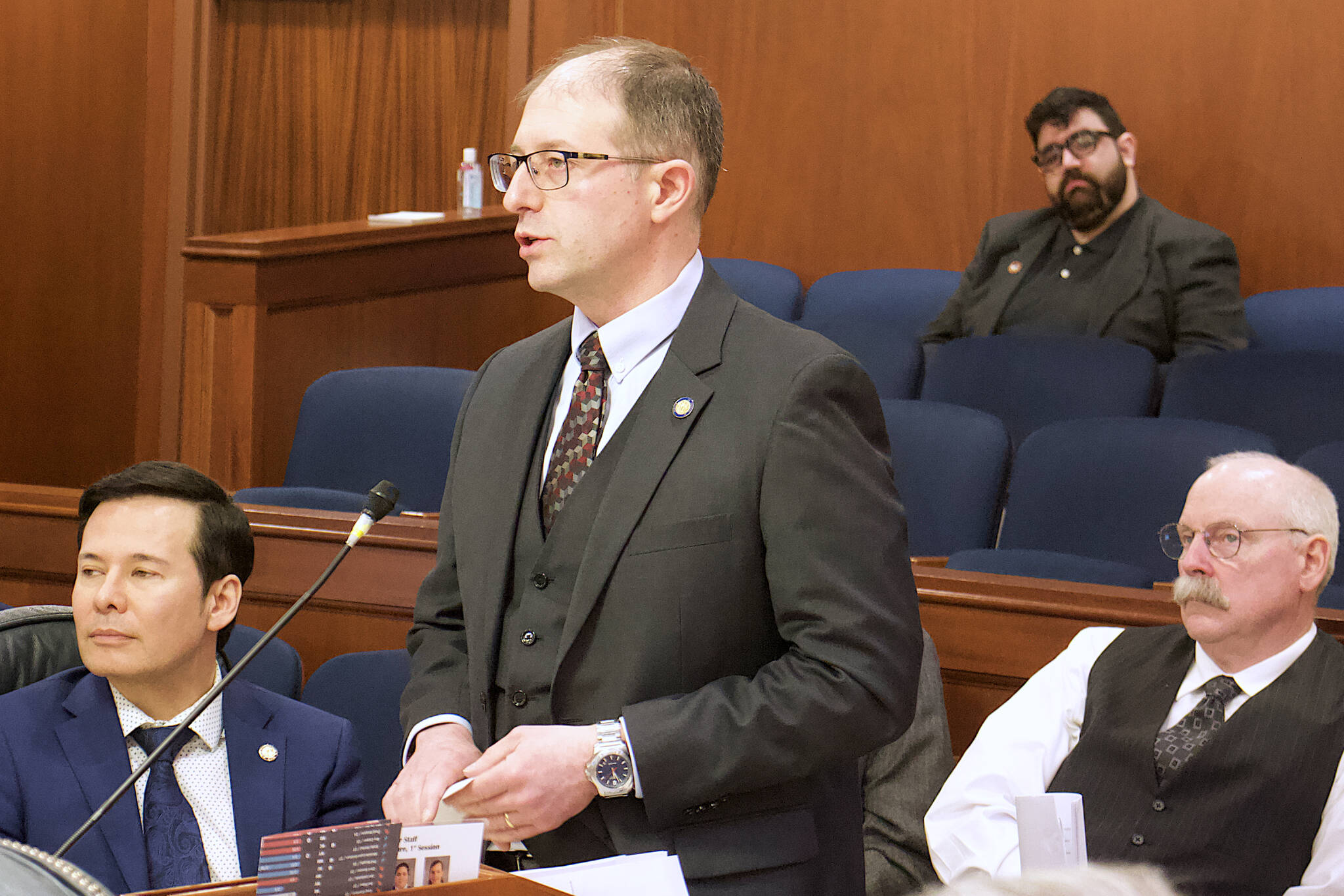 State Sen. Jesse Kiehl, D-Juneau, explains during a joint Legislative session Tuesday why his previous experience working with Bethany Marcum is why he opposes her nomination to the University of Alaska’s Board of Regents. (Mark Sabbatini / Juneau Empire)