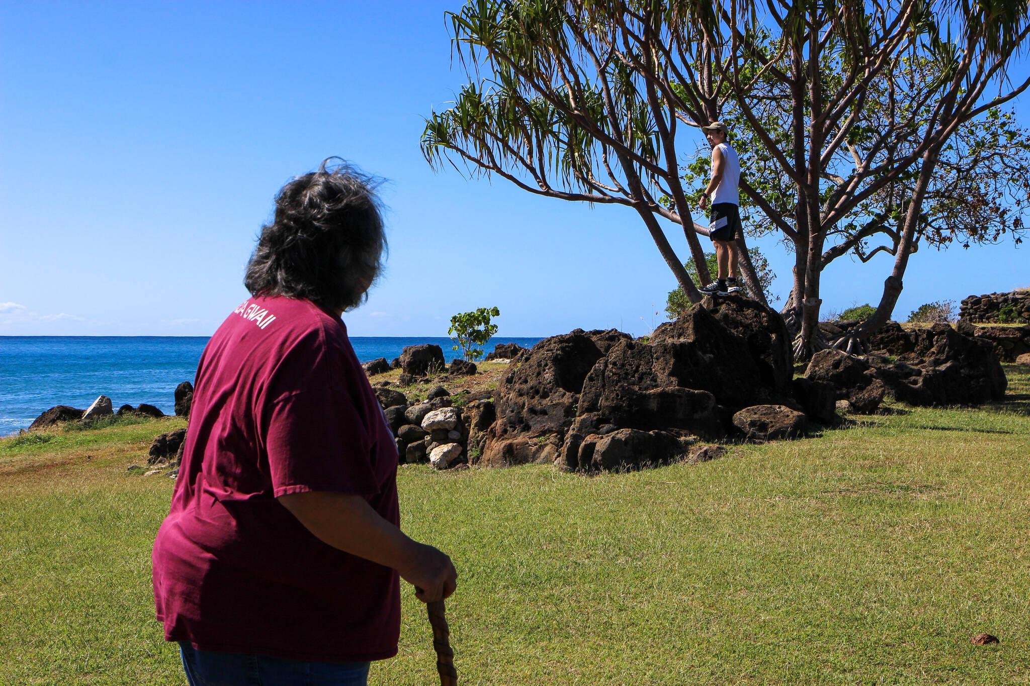 Members of the Kake Cultural Healing Center Advisory Council visit Pokai Bay on the Waianae Coast of O’ahu. This photo features Joel Jackson (foreground) and Simon Friday (background). (Courtesy Photo / Lauren Tanel)