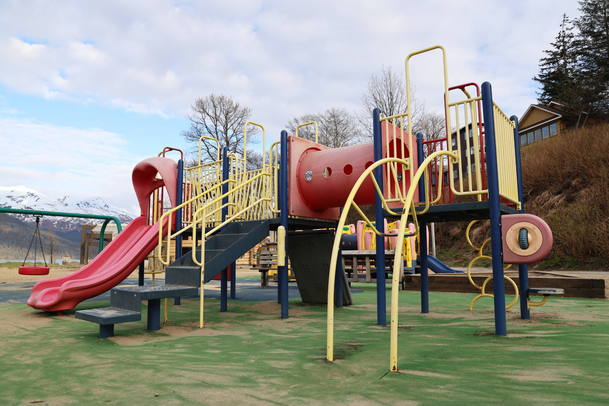 This Monday evening photo shows the Savikko Park playground on South Douglas. The playground is set to be replaced throughout the summer as a part of the City and Borough of Juneau’s park improvement project. (Clarise Larson / Juneau Empire)