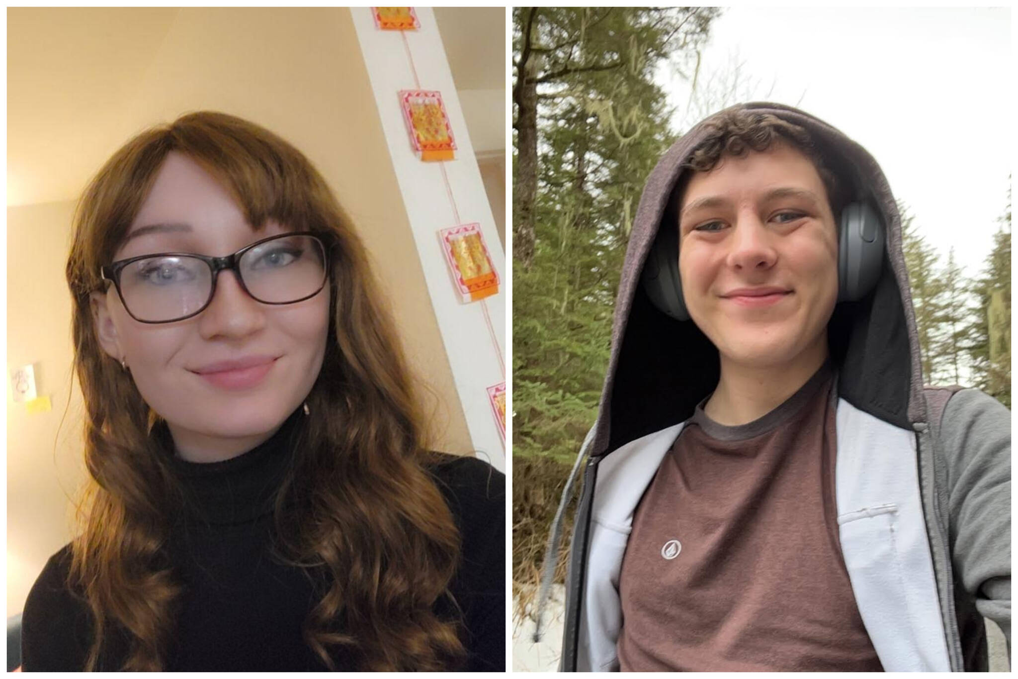 This combination photo shows University of Alaska Southeast senior Stephanie Harasim and UAS freshman A.J. Schultz tied for first place in the spring history writing contest sponsored by the Gastineau Channel Historical Society. (Courtesy Photos)