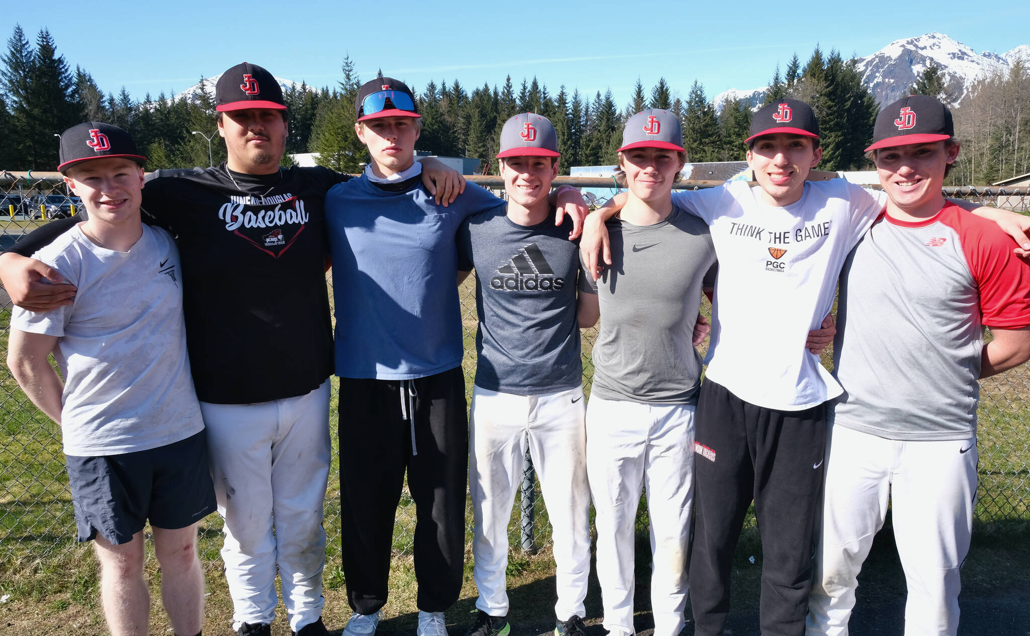 The Juneau-Douglas High School: Yadaa.at Kalé baseball seniors are, from left: Finn Kesey, Marcus Underwood, Kaleb Campbell, Eli Crupi, Bodhi Nelson, Joseph Aline and Luke Dean. (Klas Stolpe / Juneau Empire)