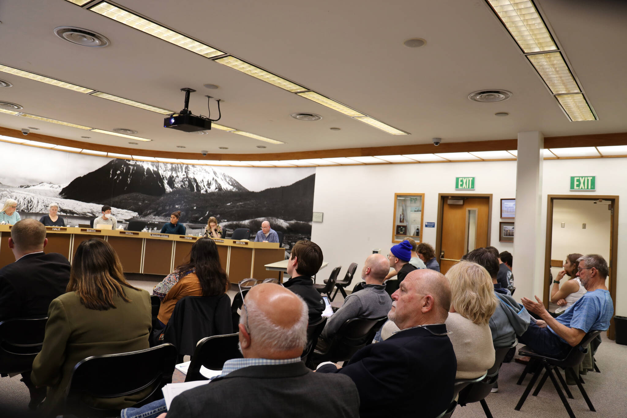 Residents and community leaders fill the Assembly chambers during the City and Borough of Juneau Assembly Finance Committee meeting Wednesday night. The Assembly made decisions on what community funding requests would receive funding and what would not. (Clarise Larson / Juneau Empire)