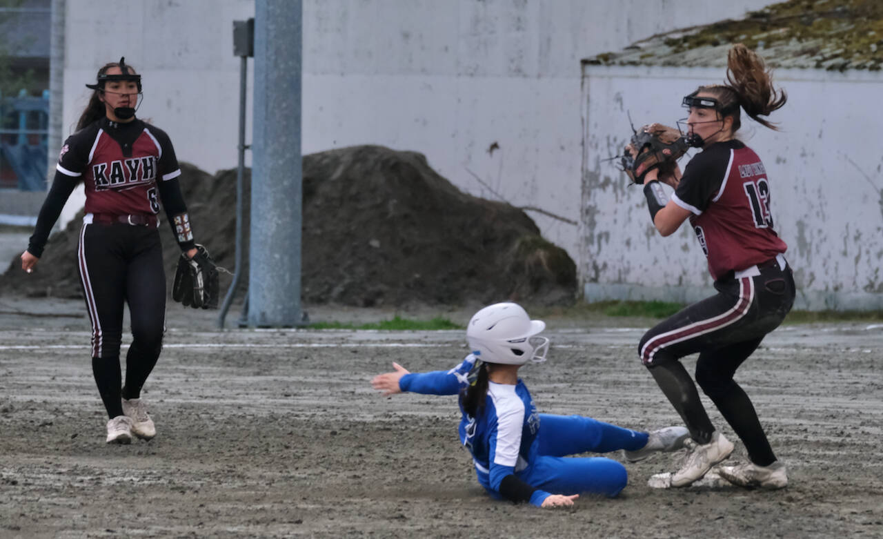 Thunder Mountain freshman Alayna Echiverri forced out at second base as Ketchikan sophomore Mylee Grey attempts to turn a double play during the Lady Falcons 14-11 loss to the Lady Kings on Friday at Dimond Park field. (Klas Stolpe / Juneau Empire)