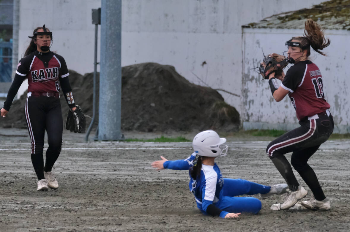 Thunder Mountain freshman Alayna Echiverri forced out at second base as Ketchikan sophomore Mylee Grey attempts to turn a double play during the Lady Falcons 14-11 loss to the Lady Kings on Friday at Dimond Park field. (Klas Stolpe / Juneau Empire)