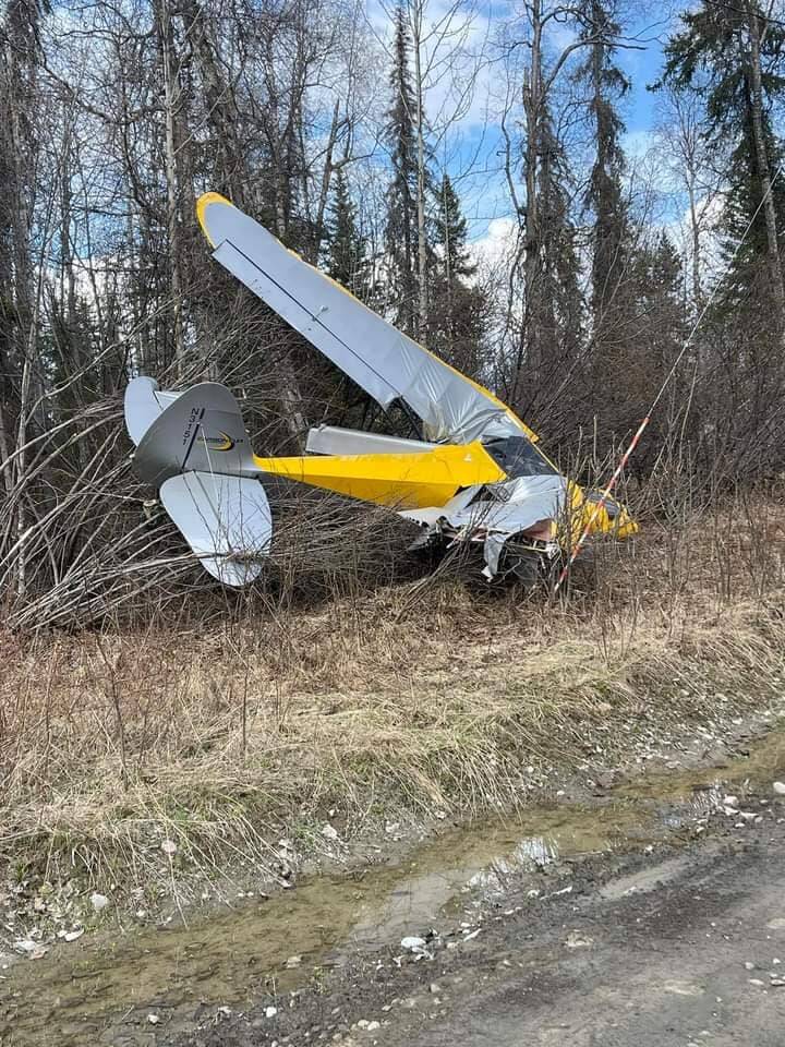 A plane sits in brush on Fontaine Avenue at around 5:45 p.m. after a crash on Thursday, May 11, 2023, near Sterling, Alaska. (Courtesy Photo / Alisha Joe)