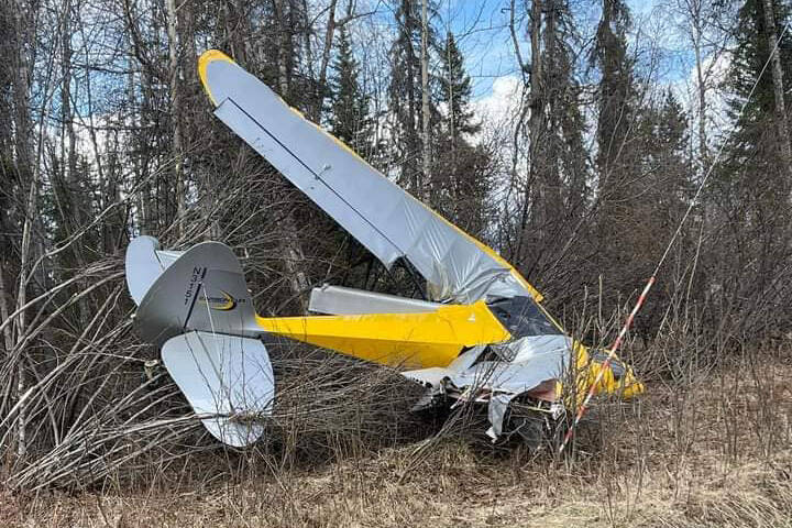 A plane sits in brush on Fontaine Avenue at around 5:45 p.m. after a crash on Thursday, May 11, 2023, near Sterling, Alaska. (Courtesy Photo / Alisha Joe)
