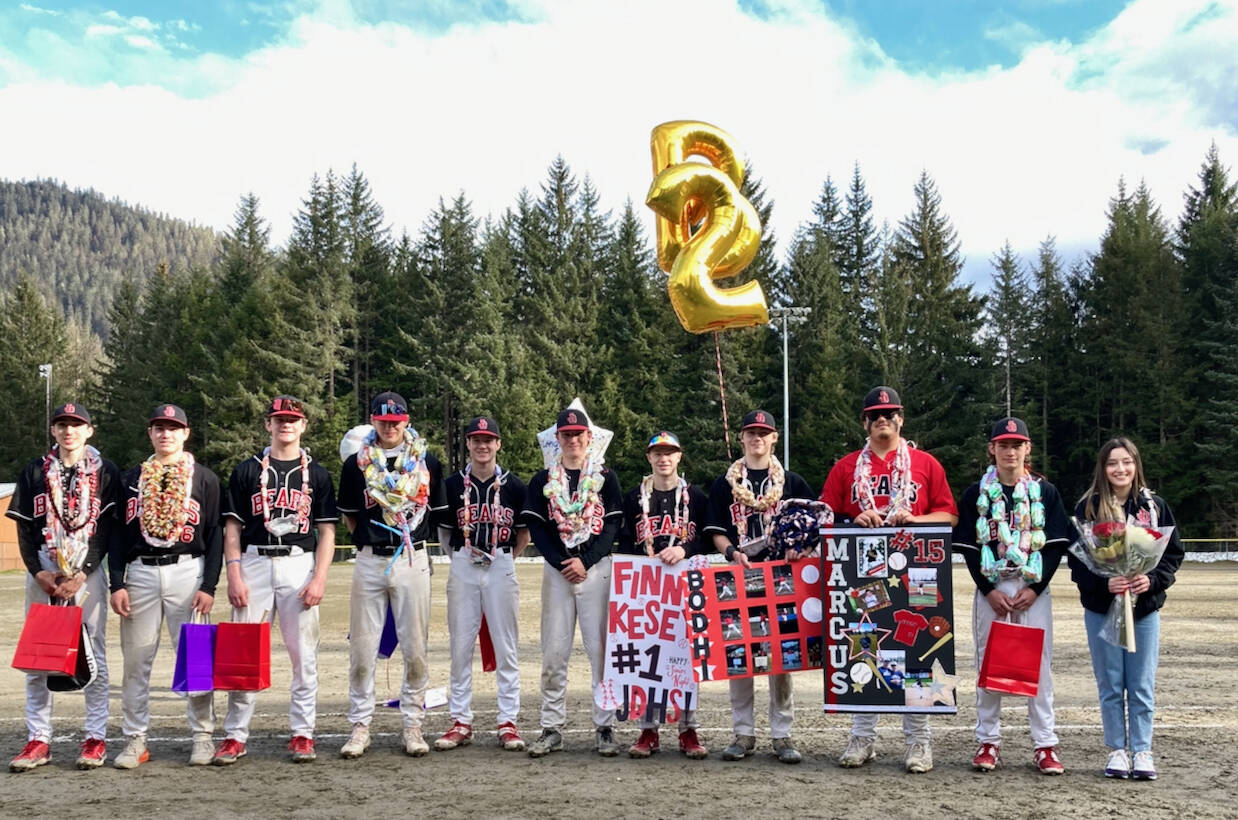 The Juneau-Douglas High School: Yadaa.at Kalé Crimson Bears senior baseball members. (Klas Stolpe / Juneau Empire)